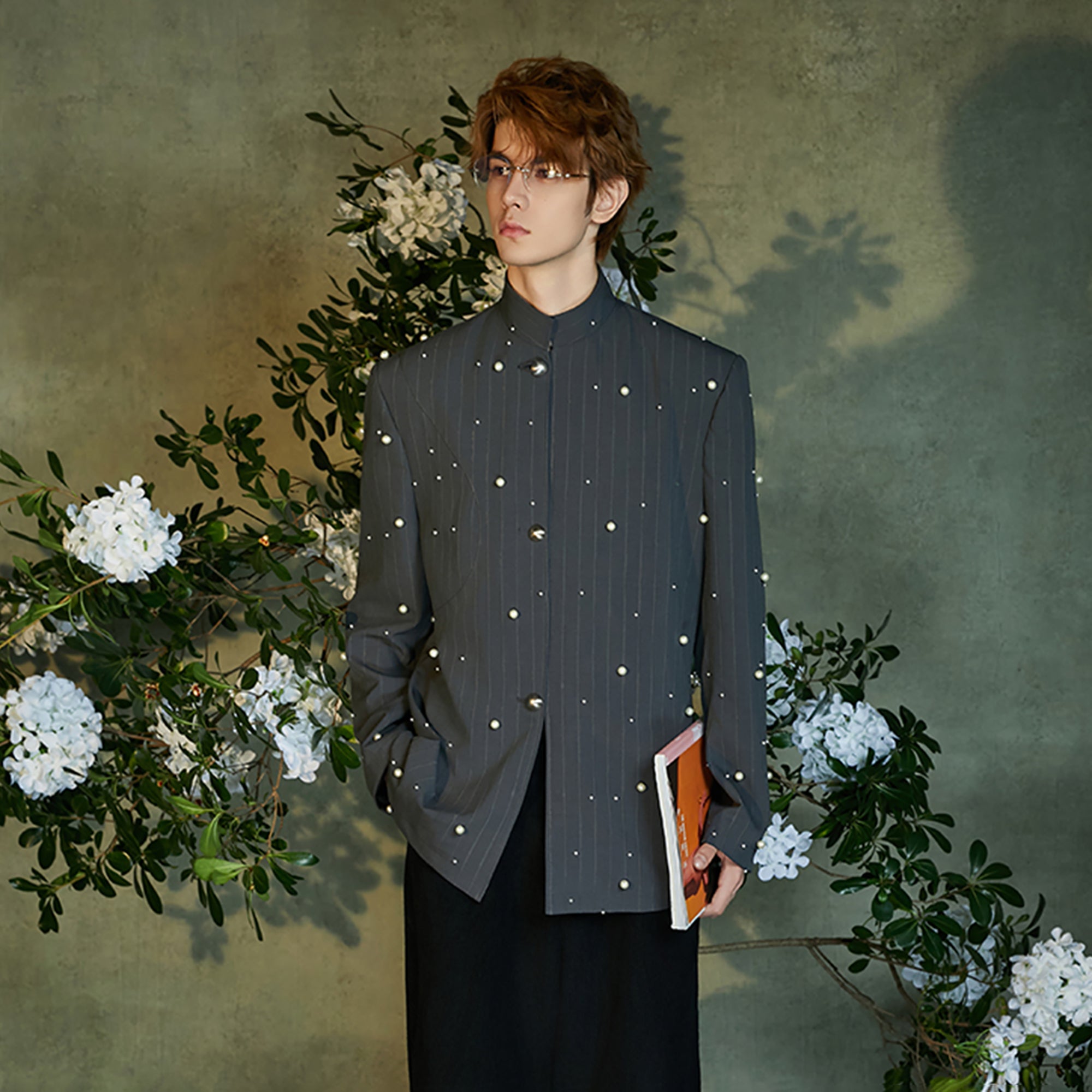 JIECHI Pearl Embellished Stripe Mandarin Shirt