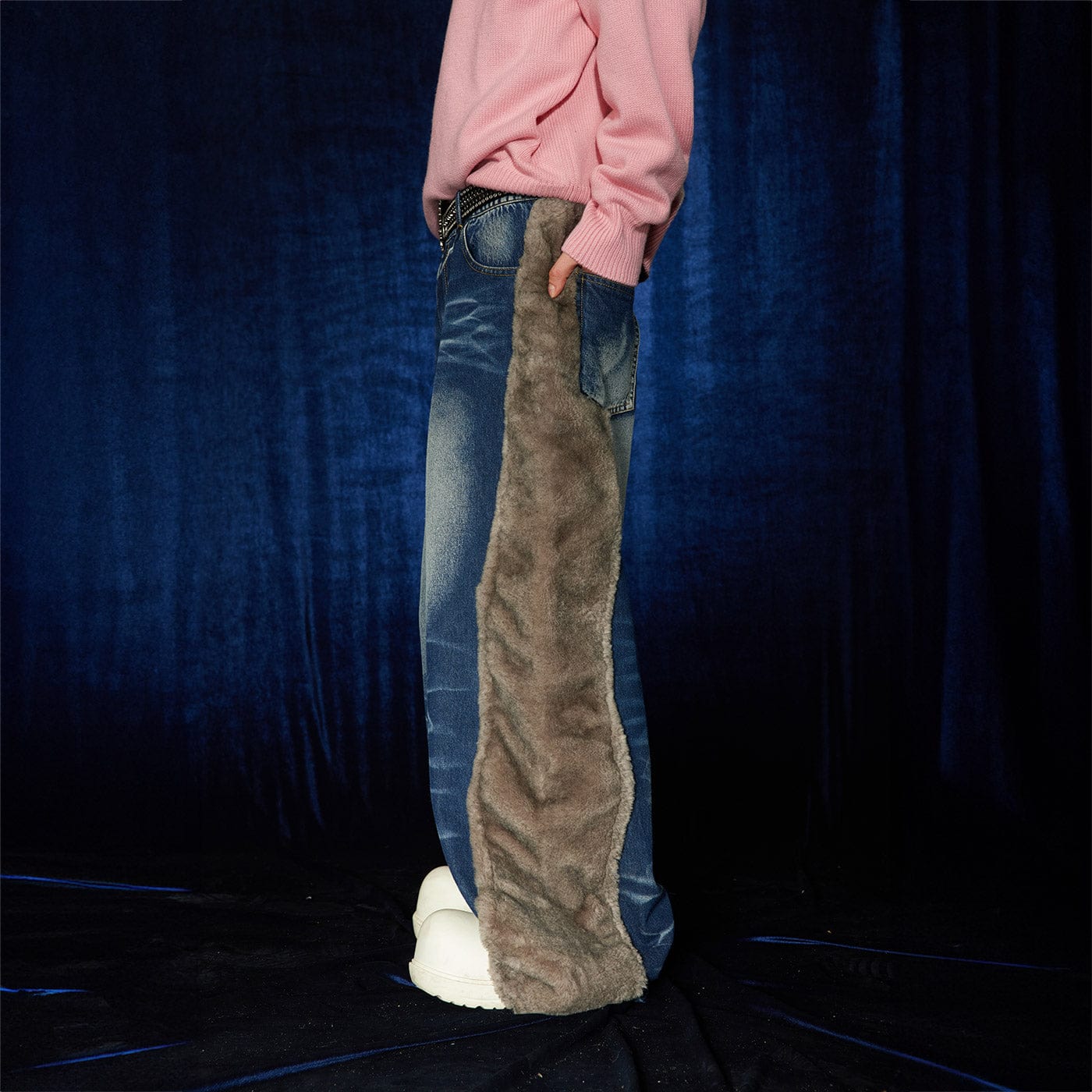 DND4DES Faux Fur Spliced Jeans, premium urban and streetwear designers apparel on PROJECTISR.com, DND4DES