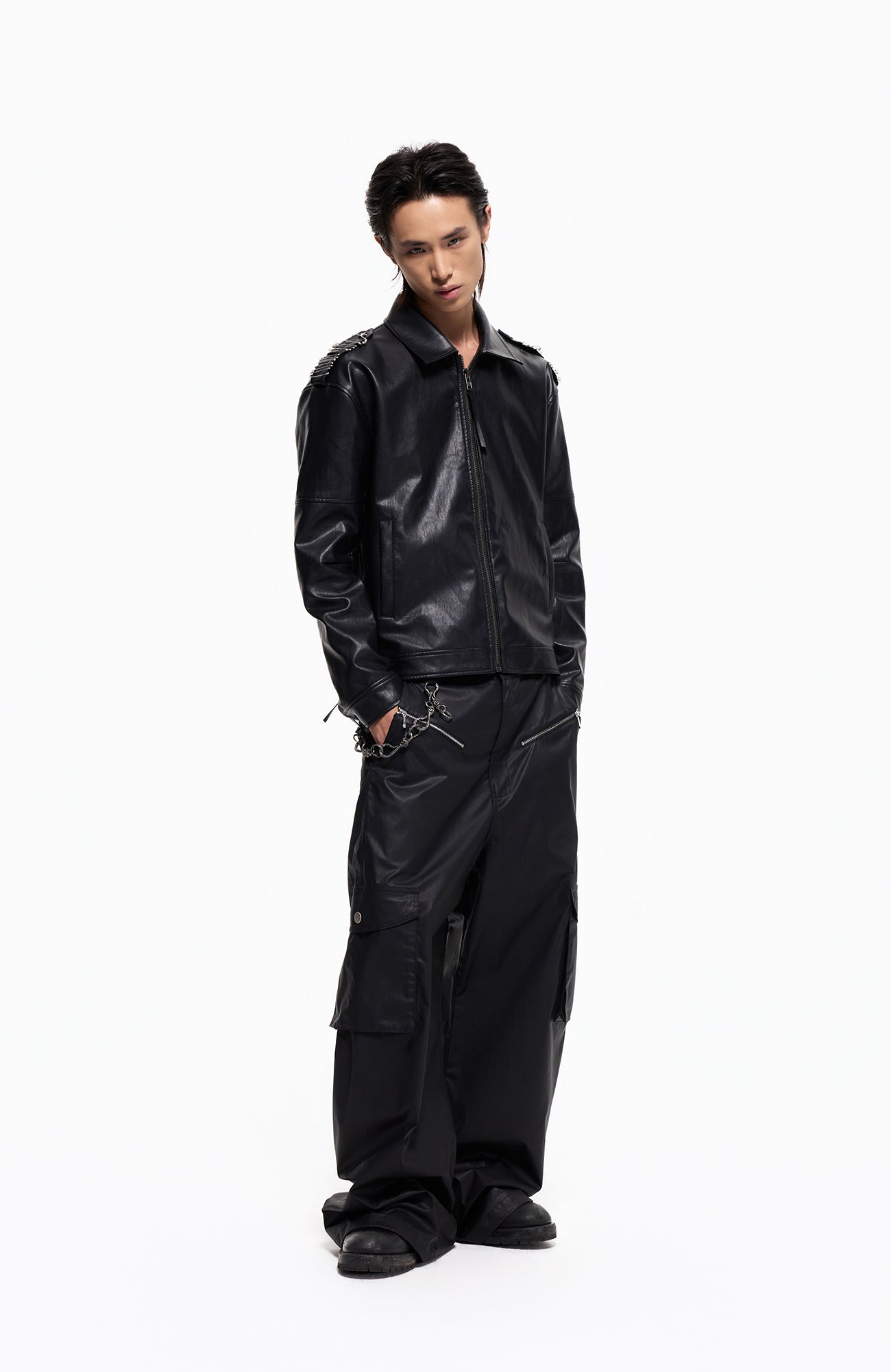 2000RSK Pin-Shoulder Faux Leather Biker Jacket