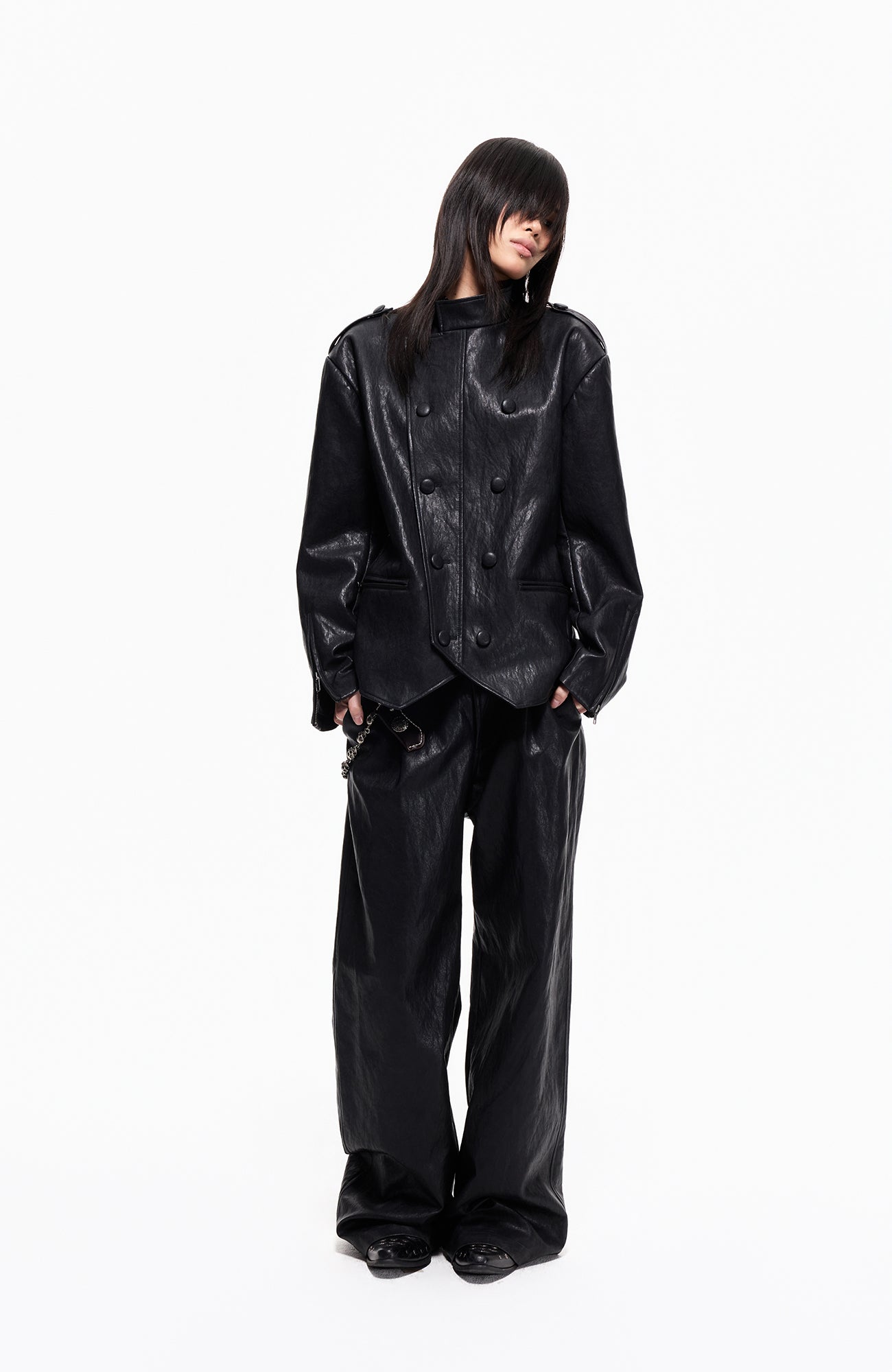 2000RSK Napoleon-Button Faux Leather Knight Jacket