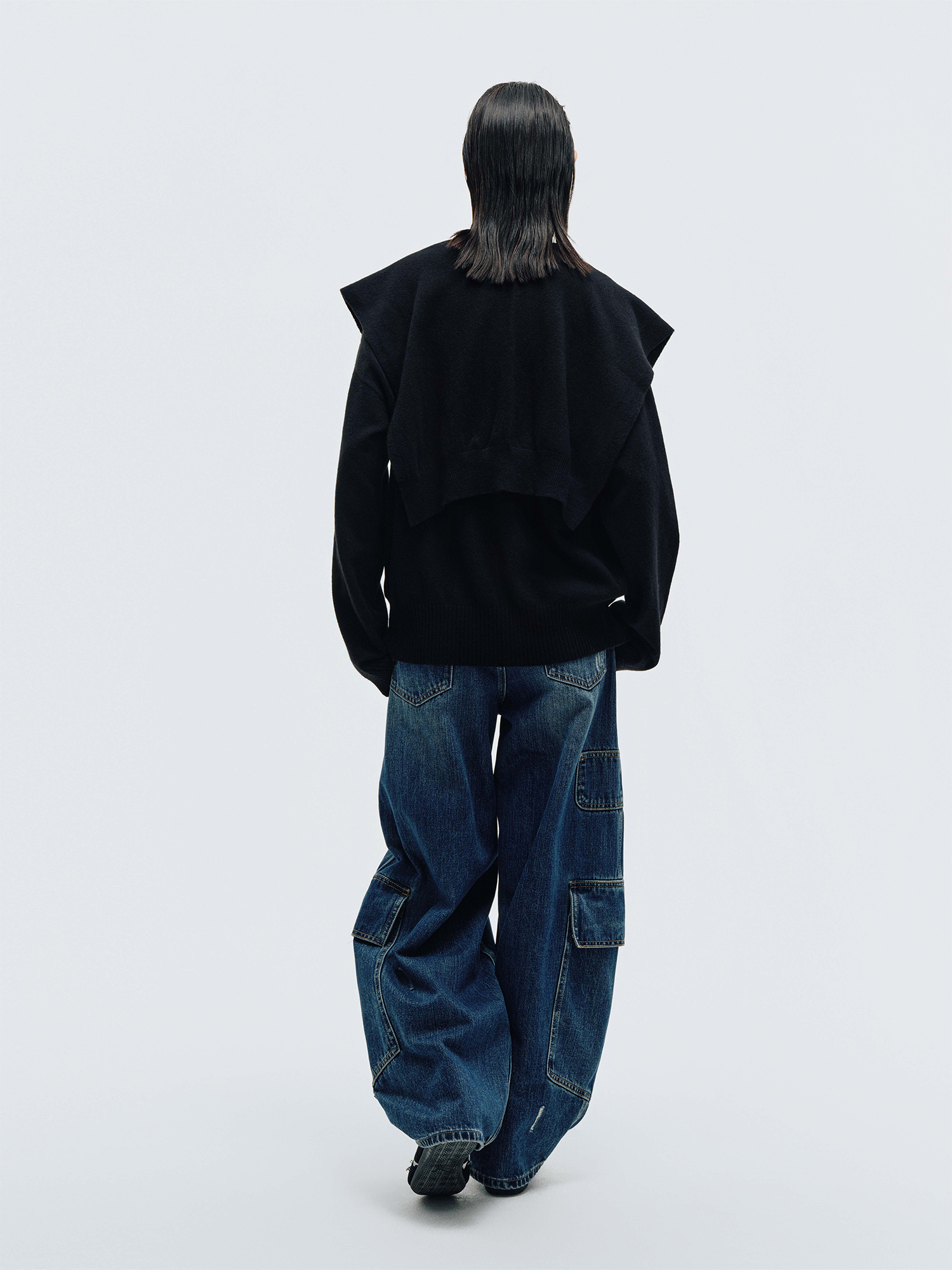HAHAHA Washed Distressed Multi-Pocket Wide-Leg Jeans