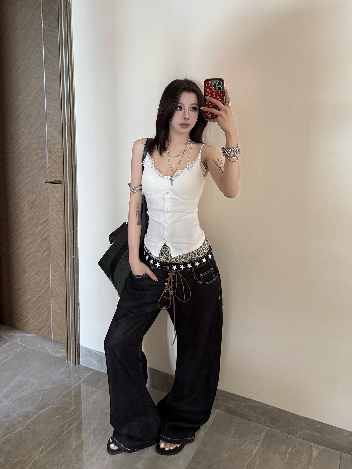 DETW Leopard Double-Waistband Curved Jeans