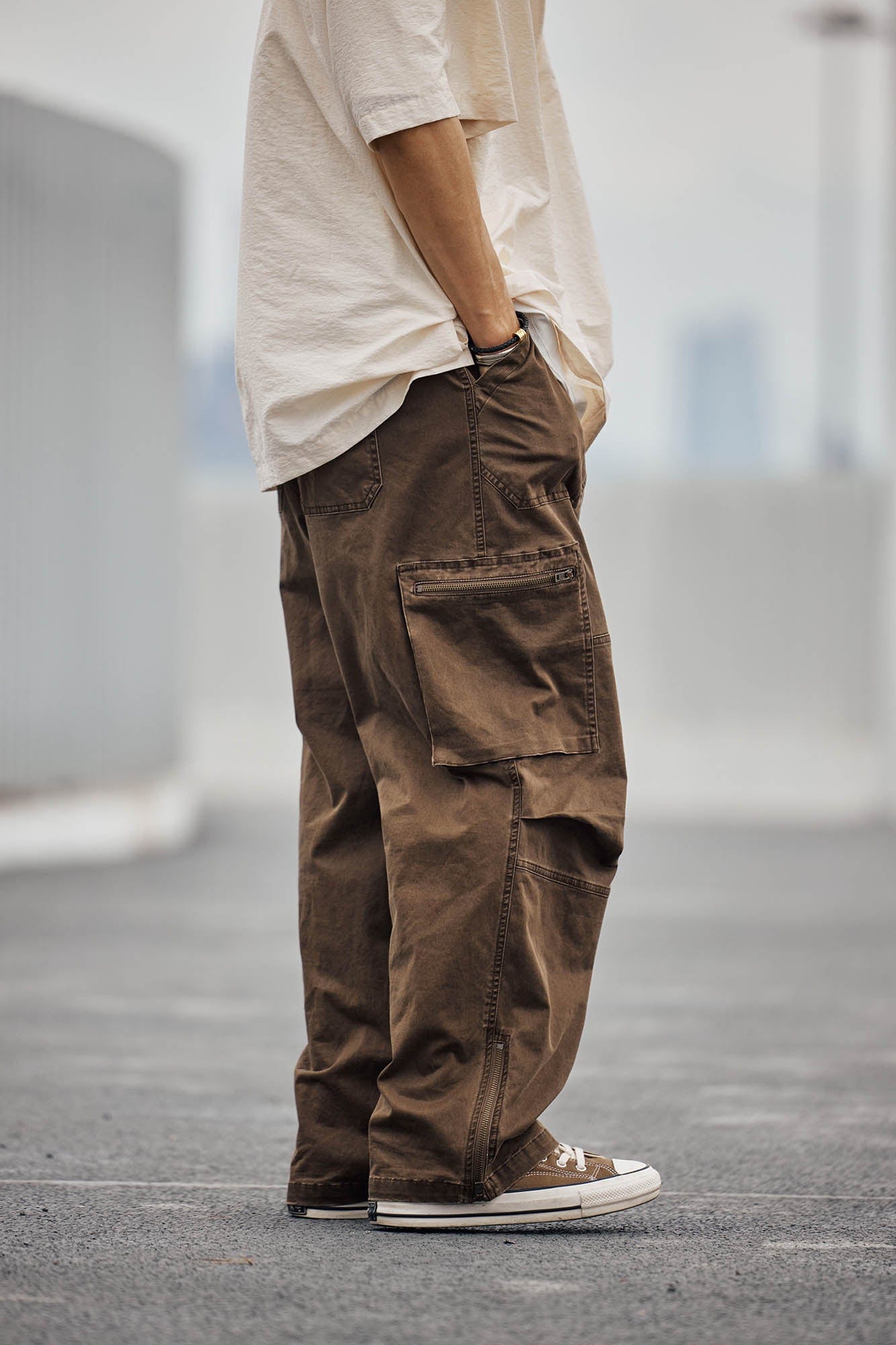 BANANA CLUB Zippered-Hem Multi-Pocket Crinkled Cargo Pants, premium urban and streetwear designers apparel on PROJECTISR.com, BANANA CLUB