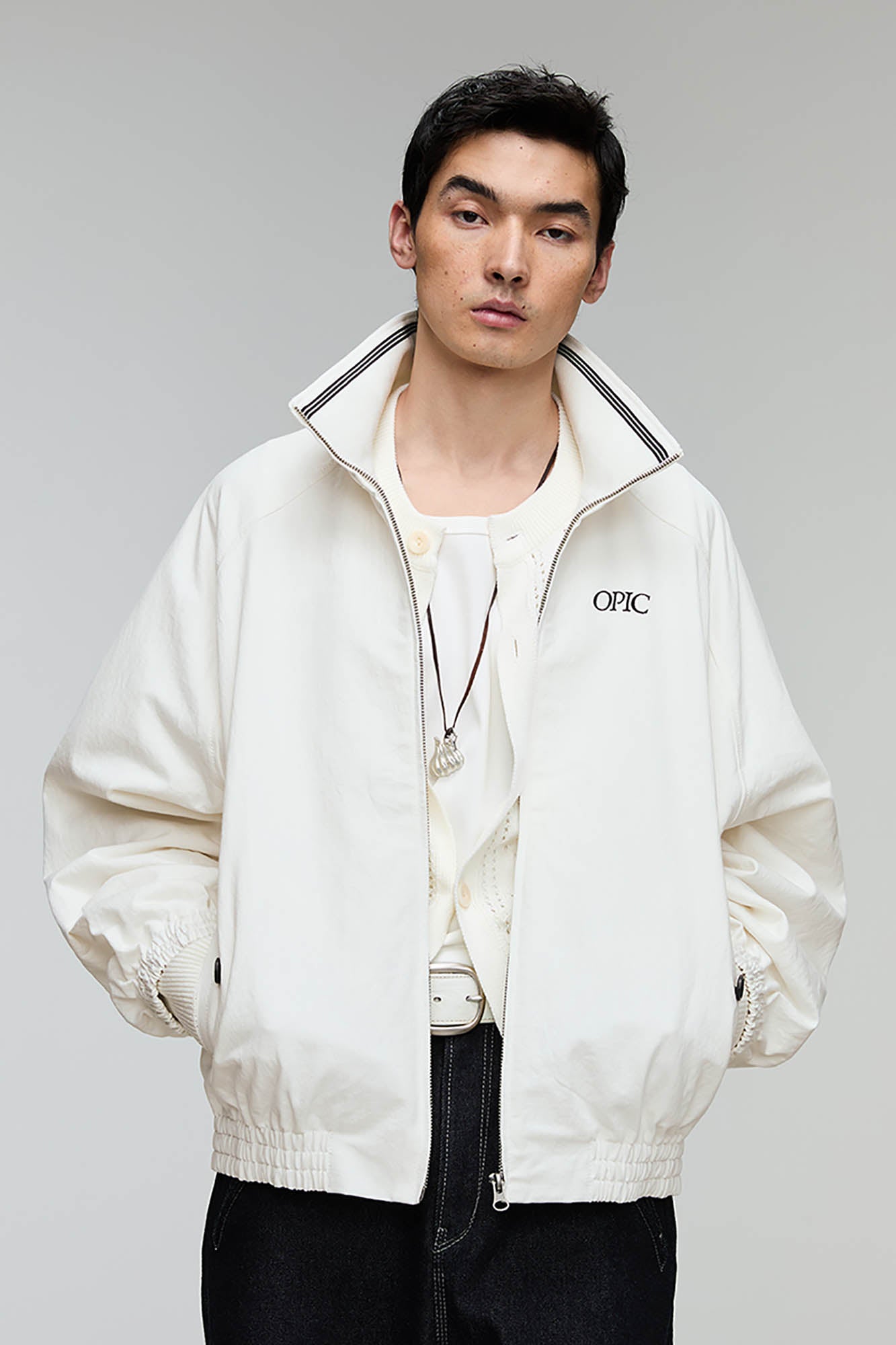 OPICLOTH Embroidered Logo Stand Collar Raglan Jacket