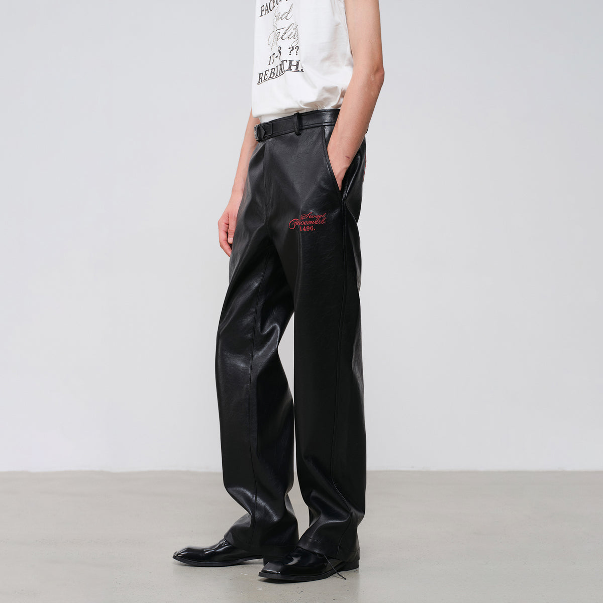 FACEONLAB Embroidered Straight-Leg Faux Leather Pants
