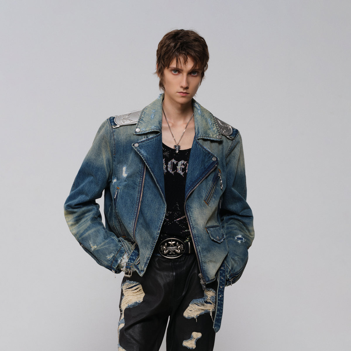 FACEONLAB Metal Epaulette Washed Biker Jacket