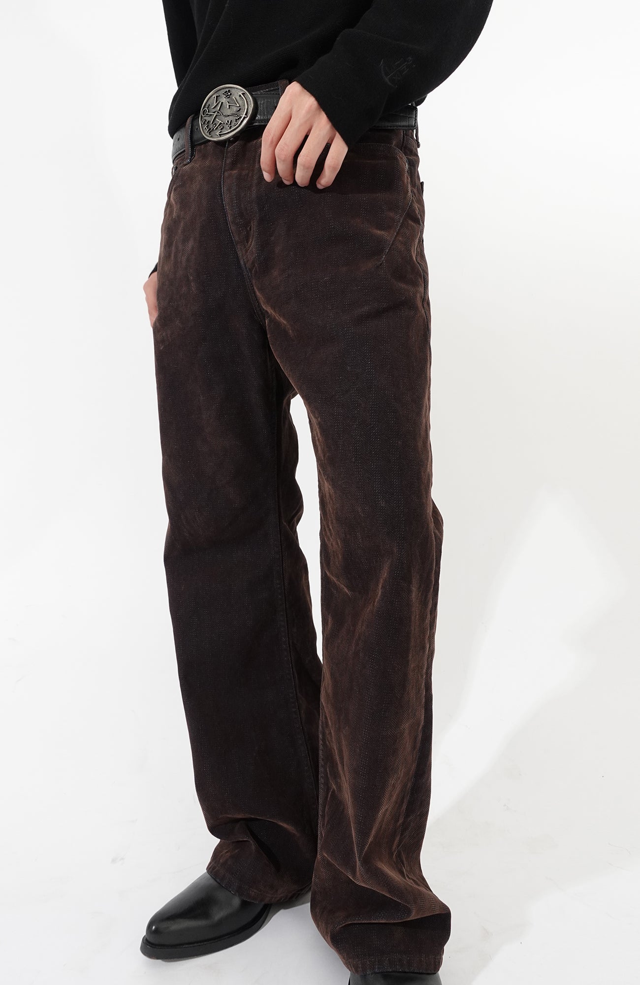 IN EXISTENCE Star Embroidered Herringbone Flocked Flare Jeans, premium urban and streetwear designers apparel on PROJECTISR.com, IN EXISTENCE