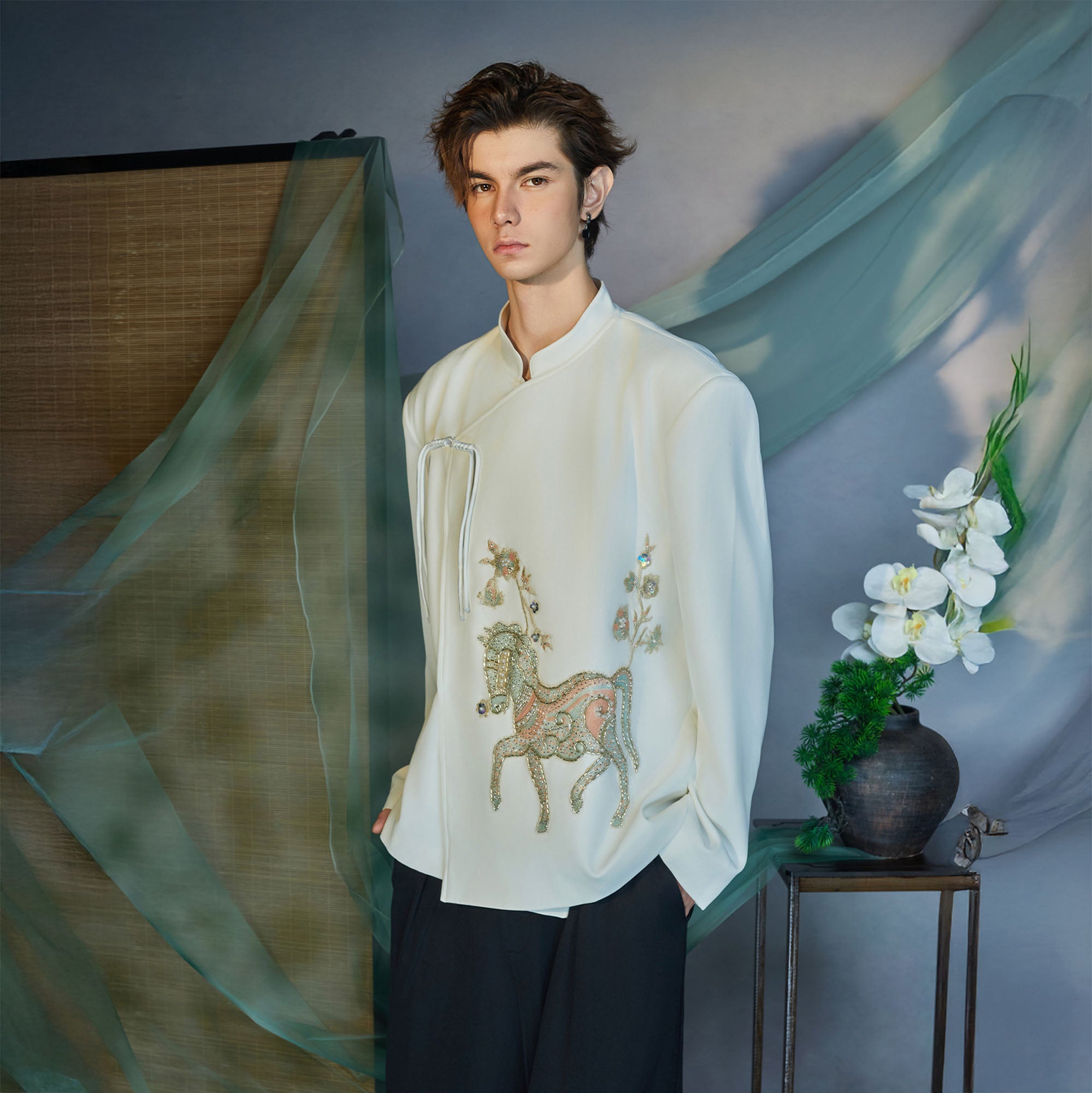 JIECHI Embroidery Horse Asymmetric Wrap Jacket