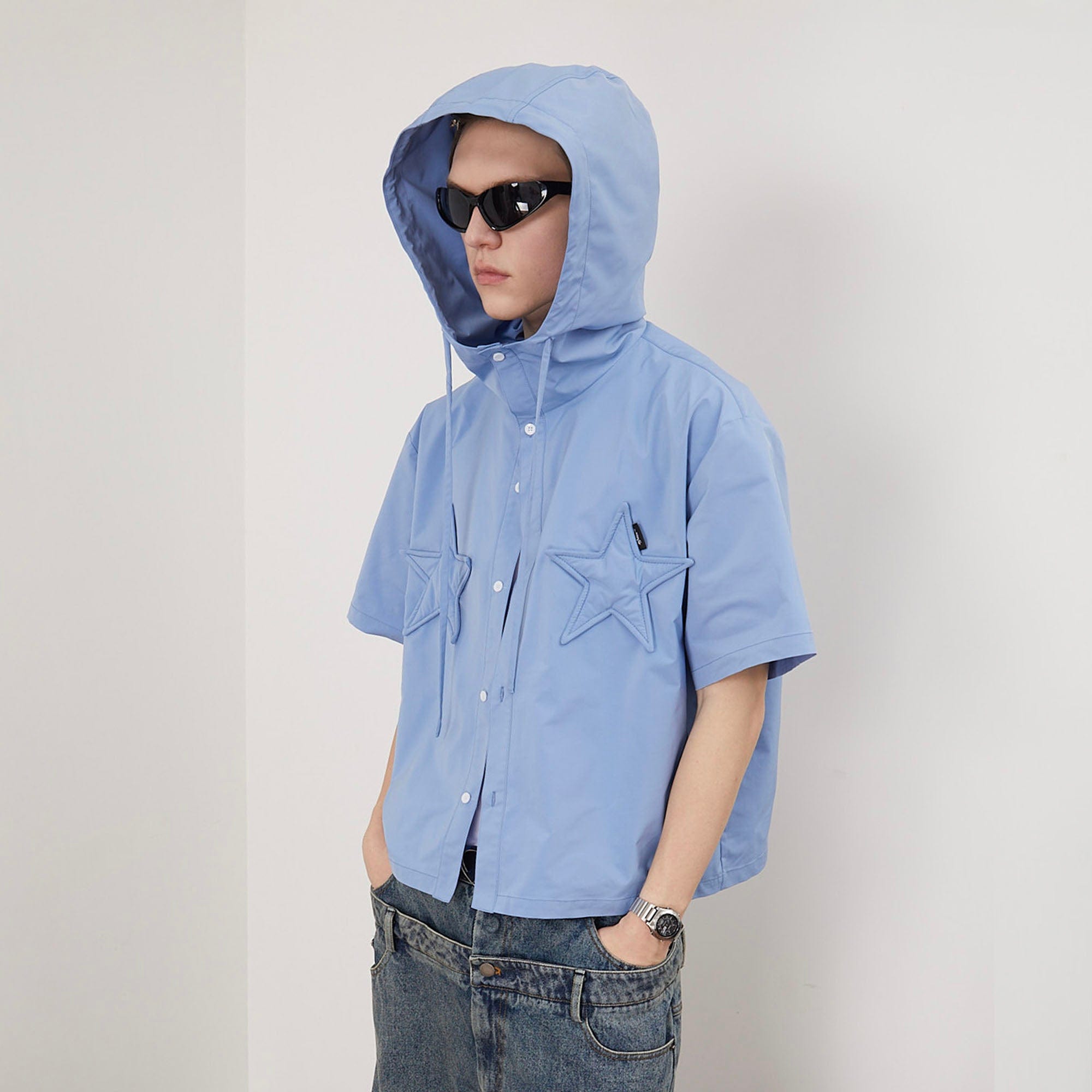 ASSEEN Star Patchwork Hooded Half Shirt, premium urban and streetwear designers apparel on PROJECTISR.com, ASSEEN