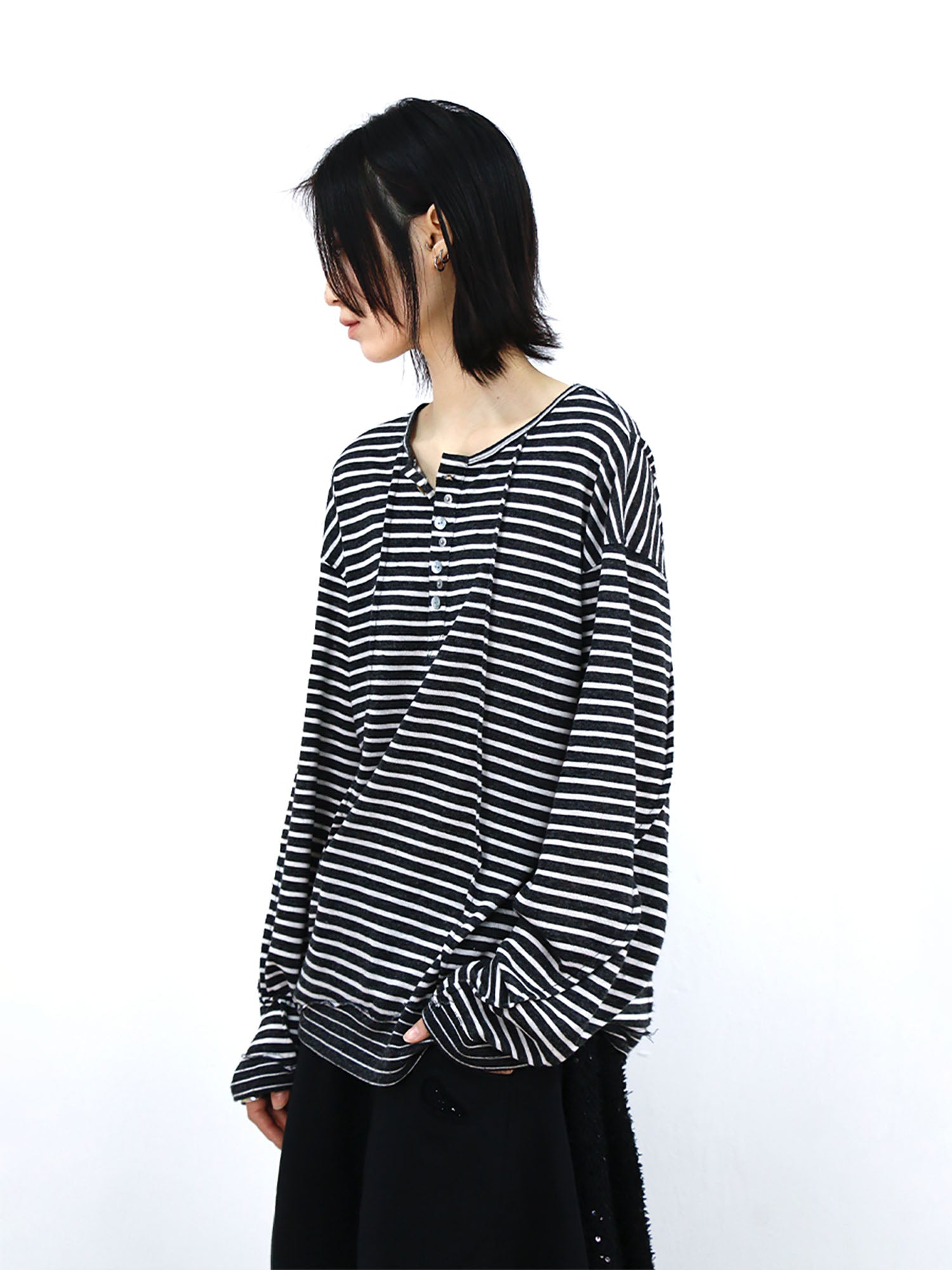 RELABEL Striped Pleated Henley Long-Sleeve Tee, premium urban and streetwear designers apparel on PROJECTISR.com, RELABEL