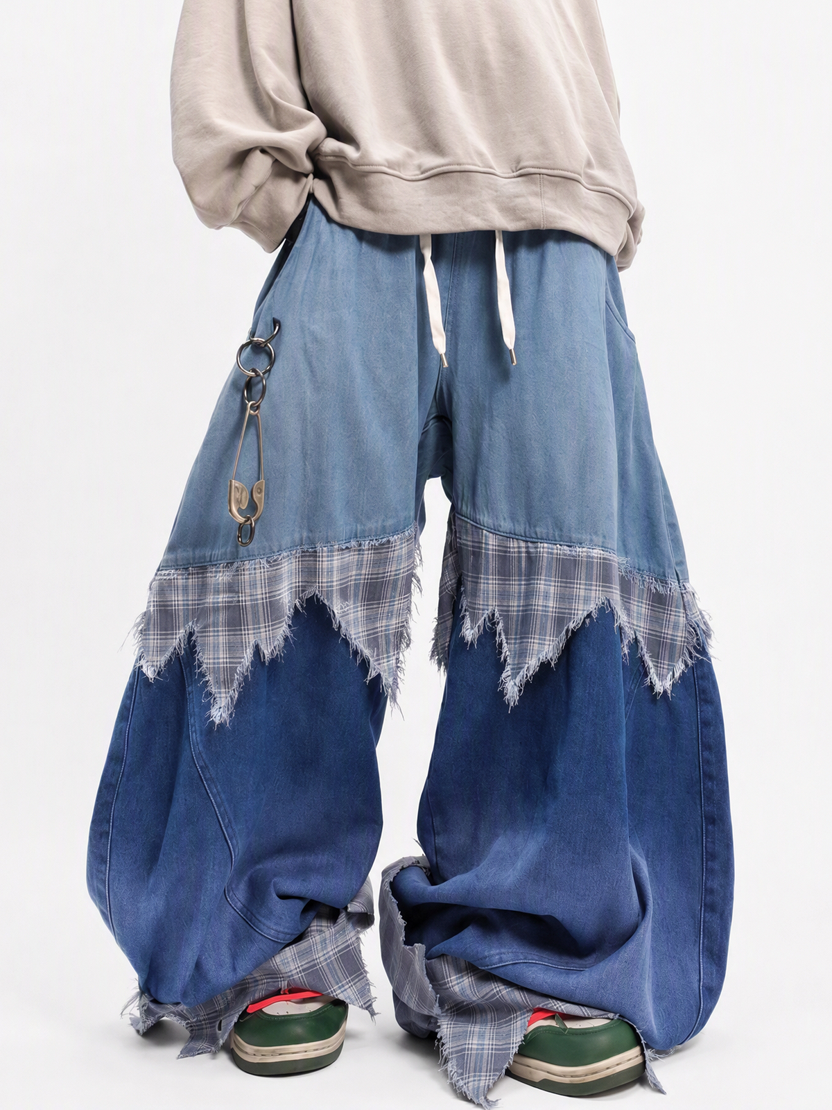 UUCSCC Spliced Distressed Plaid Wide-Leg Jeans