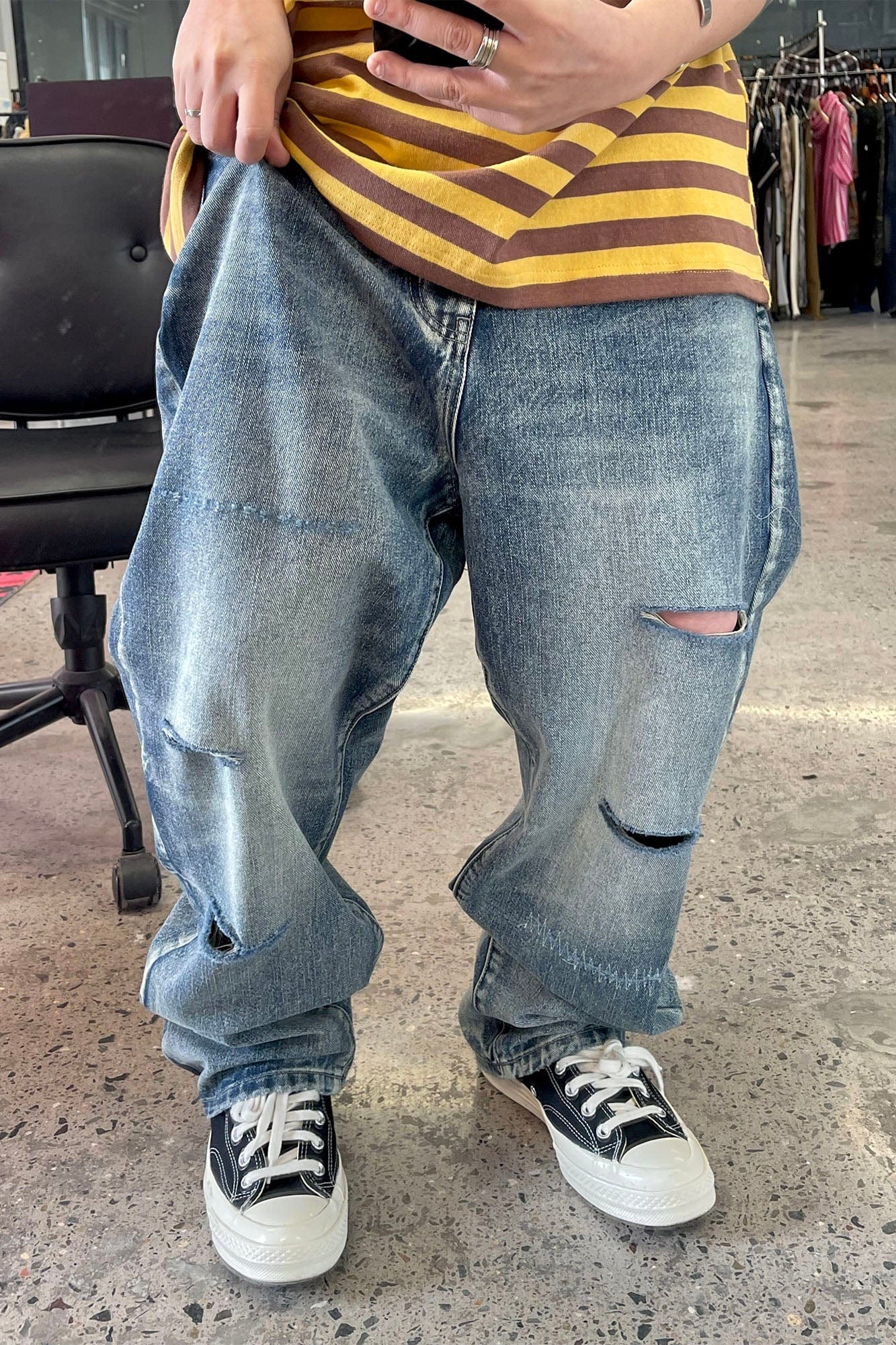 ME DA IGUAL Distressed Ripped Whisker Washed Jeans, premium urban and streetwear designers apparel on PROJECTISR.com, ME DA IGUAL