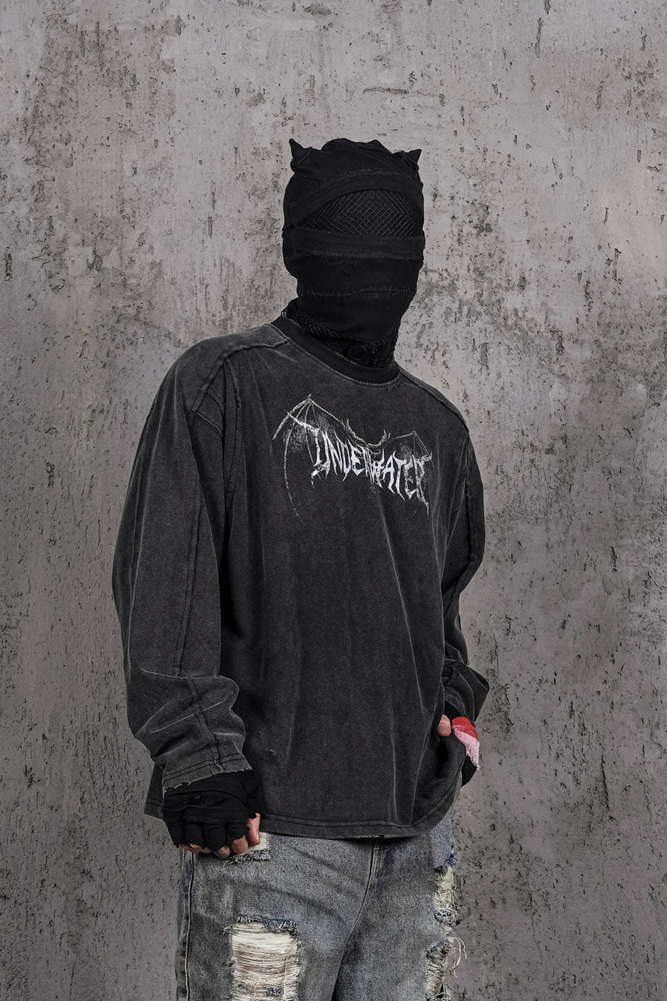 UNDERWATER Hellbound Wing Distressed Spliced Long-Sleeve Tee