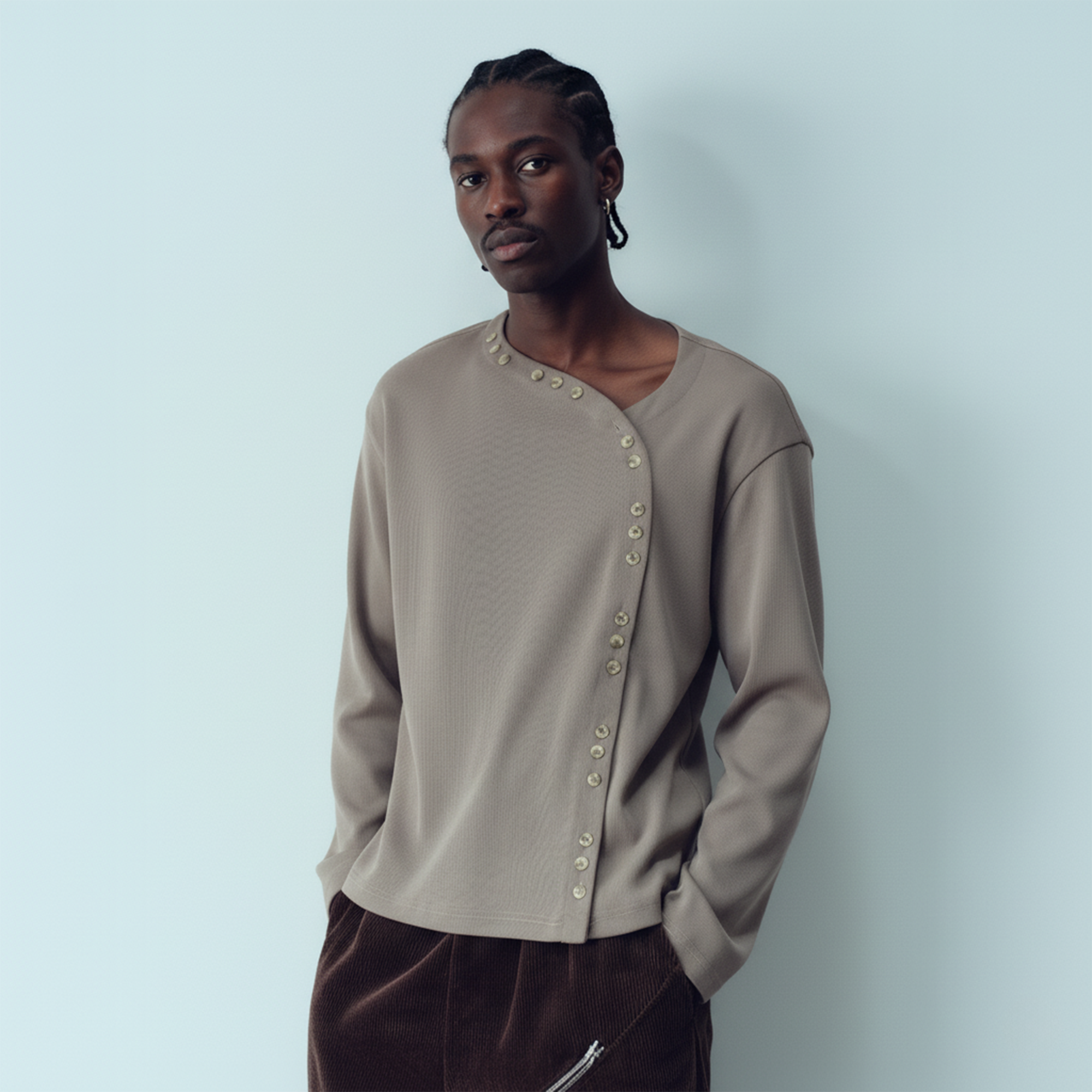 トップス theredthread double button curve tops KADAKADA Buttoned Curved Placket Ribbed Knit Top