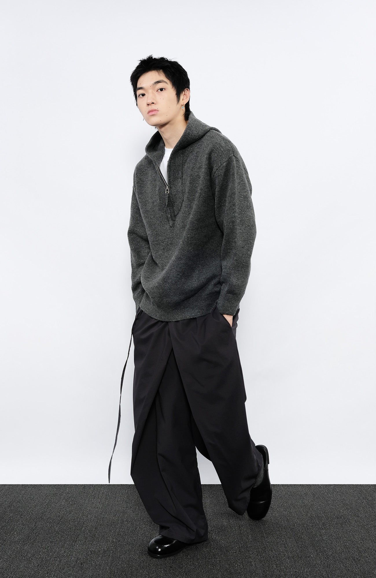 7440 37 1 Asymmetrical Overlay Drawcord Ruffled Waist Trousers, premium urban and streetwear designers apparel on PROJECTISR.com, 7440 37 1