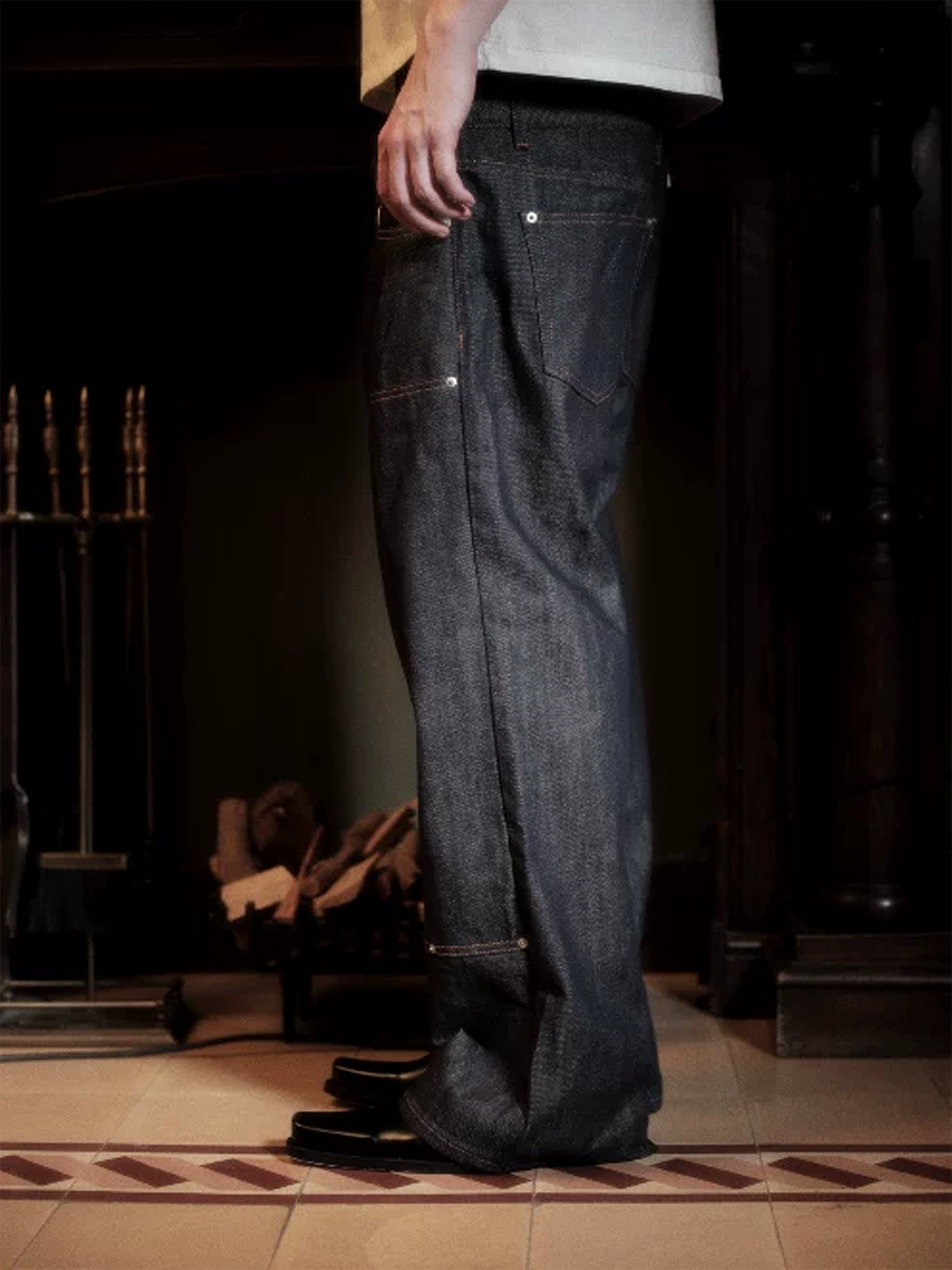 WANNA LAB Studded Double-Waistband Raw Denim Jeans
