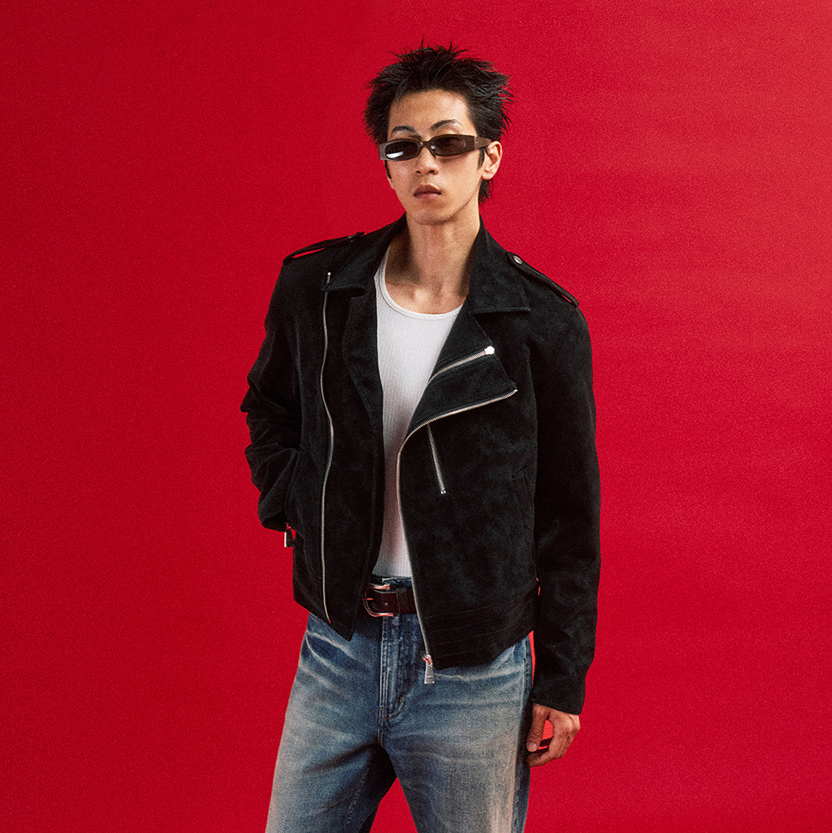 IN EXISTENCE Suede-Touch Double-Zip Biker Jacket