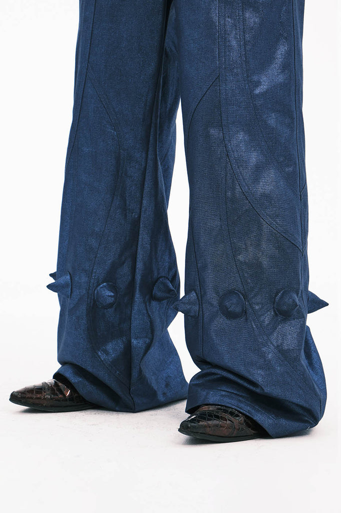 EMBRYO Metallic Devil Horned Wide-Leg Paneled Pants Blue, premium urban and streetwear designers apparel on PROJECTISR.com, EMBRYO