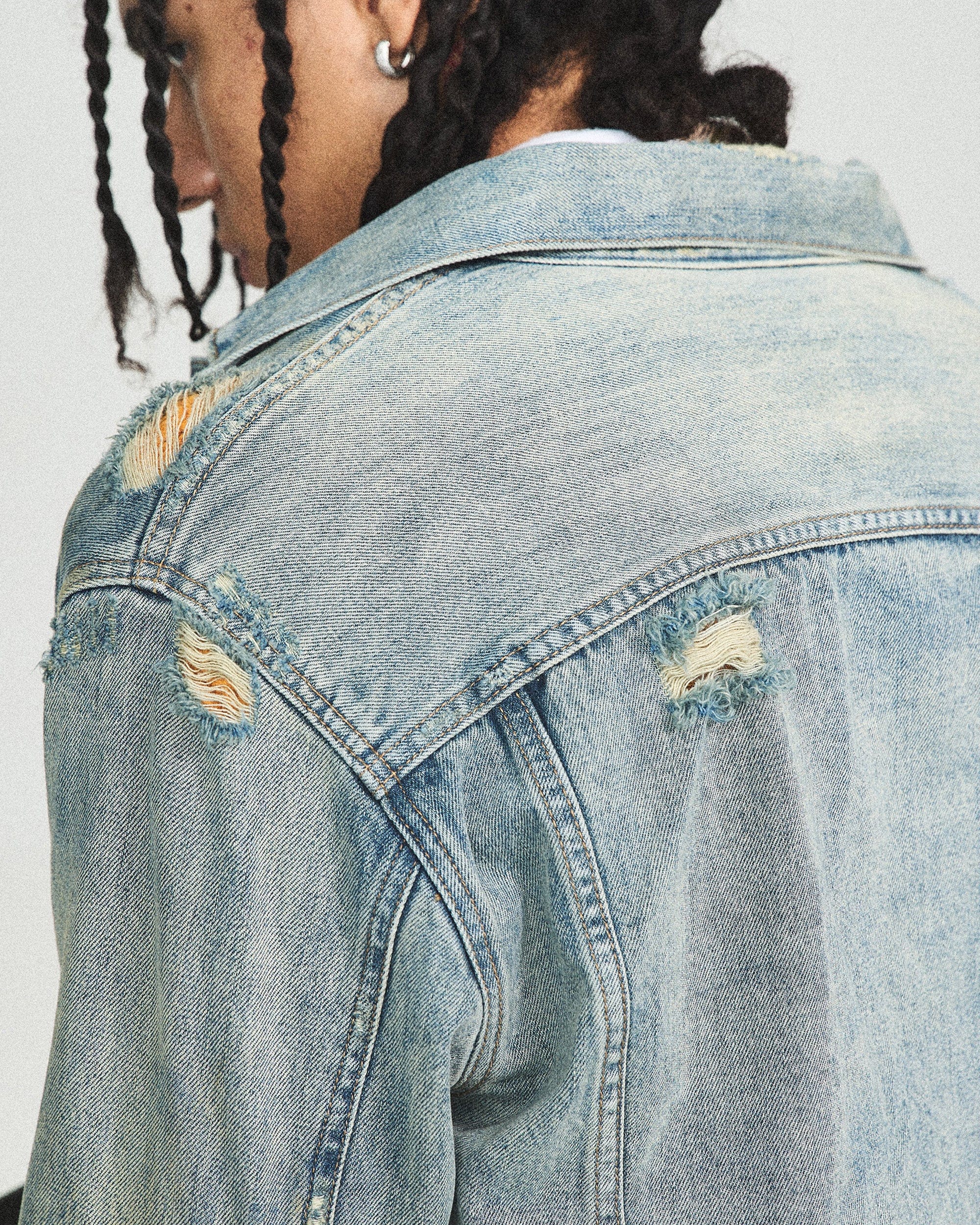 STEEPC Washed Multi Pockets Distressed Denim Jacket