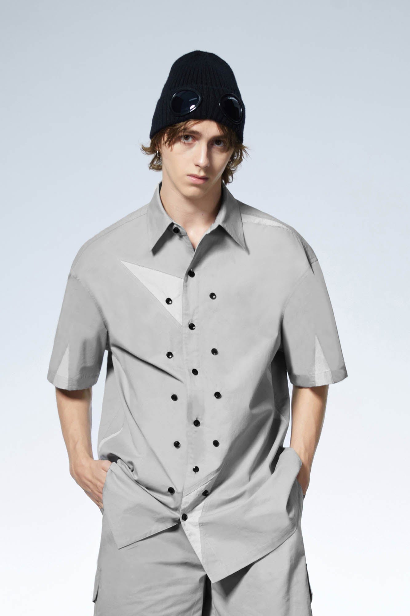 LOSTNFOUND Triangle Spliced Multi-Button Half-Sleeve Shirt