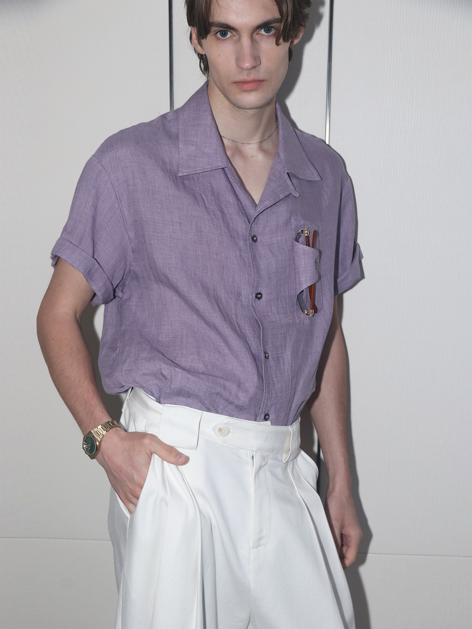 ASSEEN Linen Glasses Pocket Half Shirt