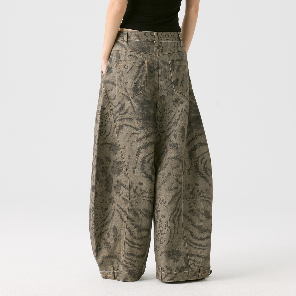HAHAHA Animal Totem Graphic Crossover-Waist Curved Wide-Leg Pants