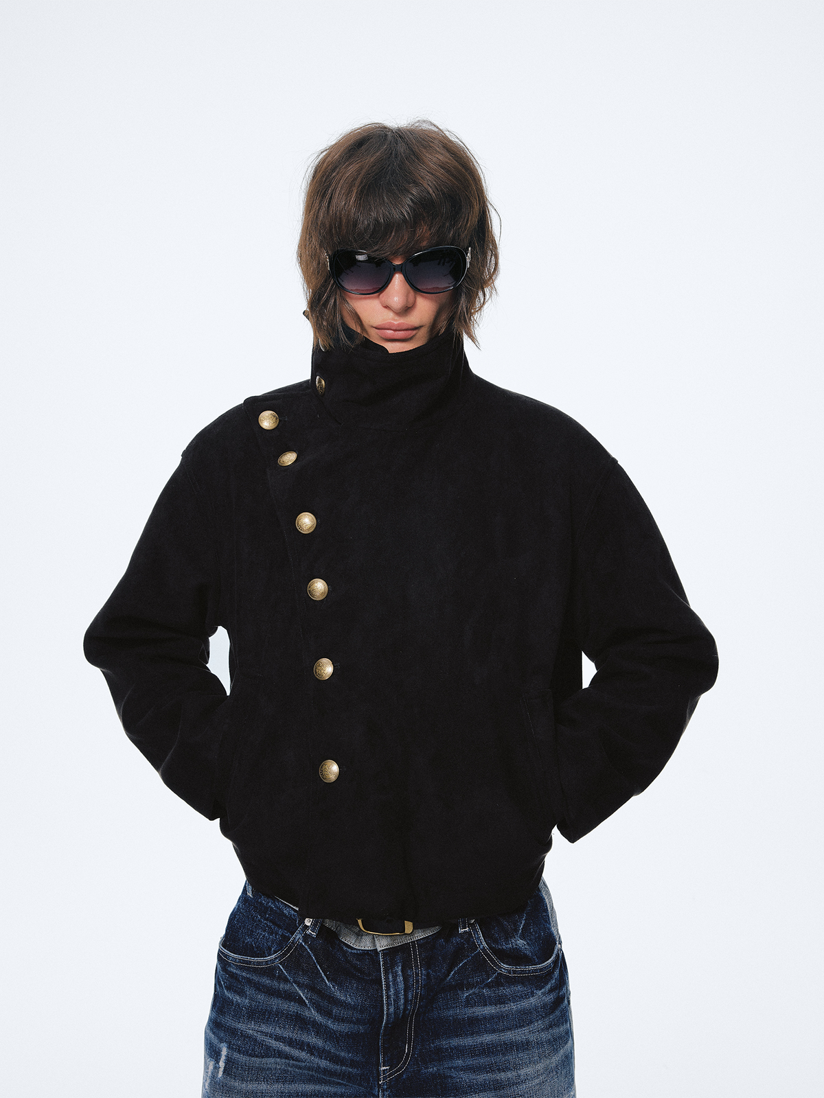 TRECLUB Collar Metal-Button Padded Suede Jacket, premium urban and streetwear designers apparel on PROJECTISR.com, TRECLUB