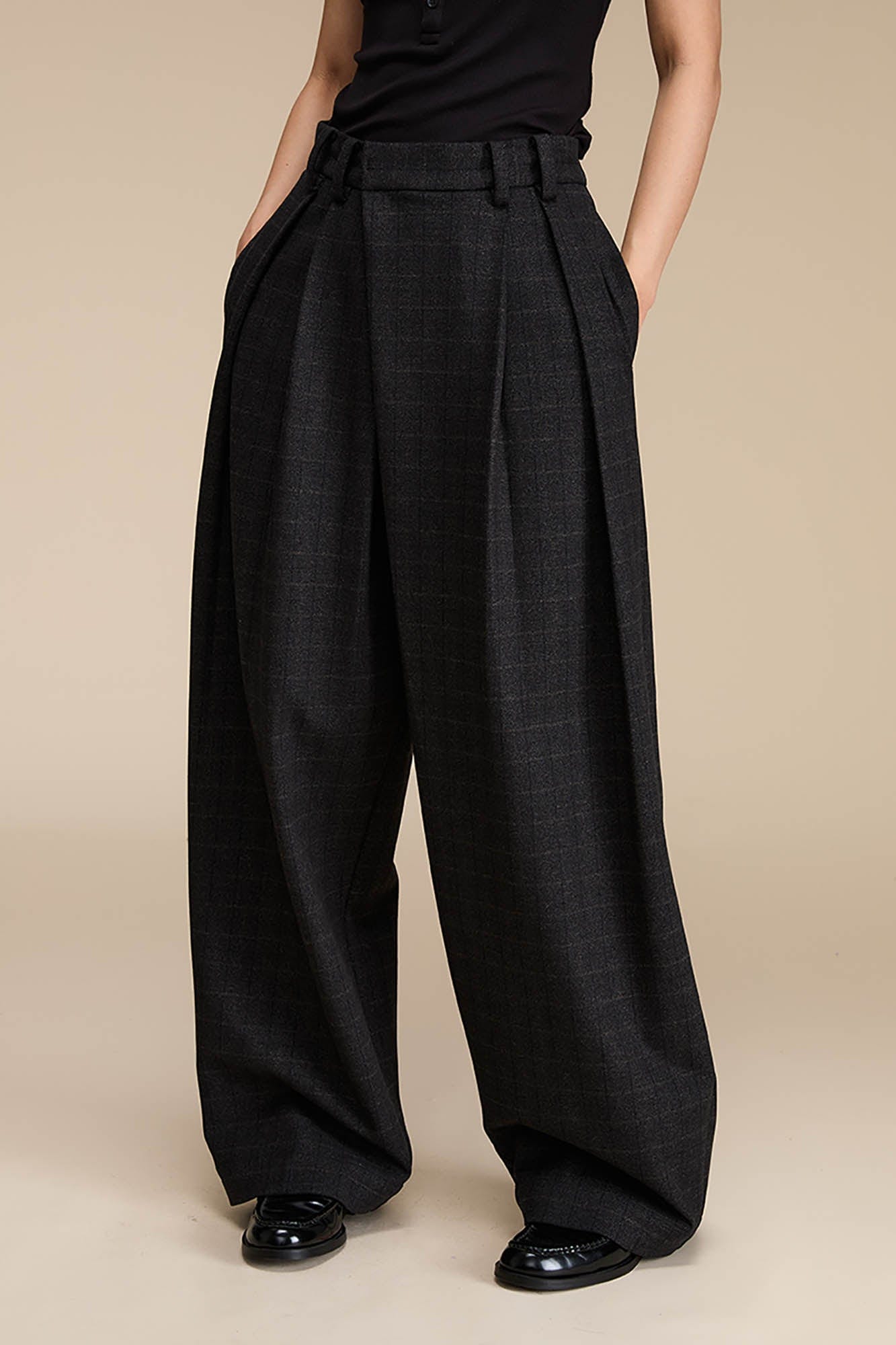 OPICLOTH Plaid Crinkled Wide-Leg Trousers