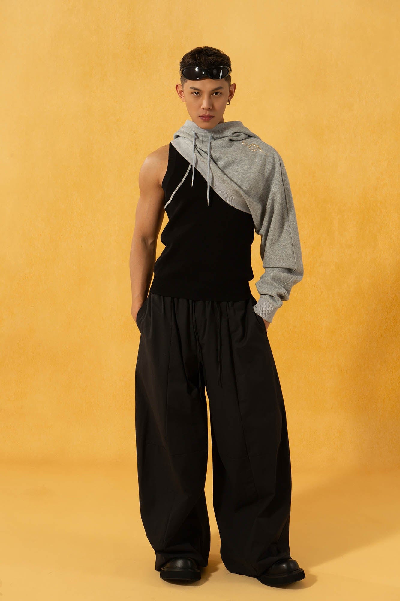 CLP Spliced Pleated Drawstring Wide-Leg Pants