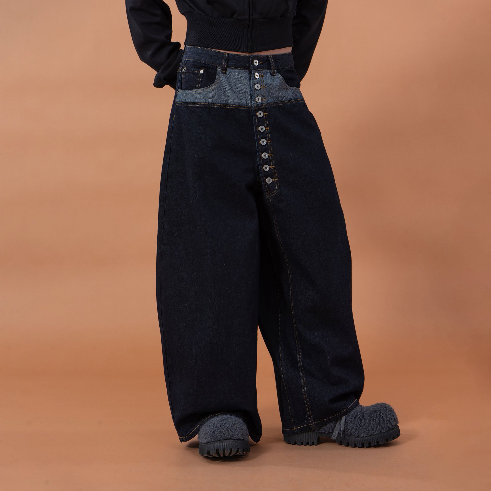 CLP Contrast-Waist Botton-Fly Oversized Raw Jeans, premium urban and streetwear designers apparel on PROJECTISR.com, CLP