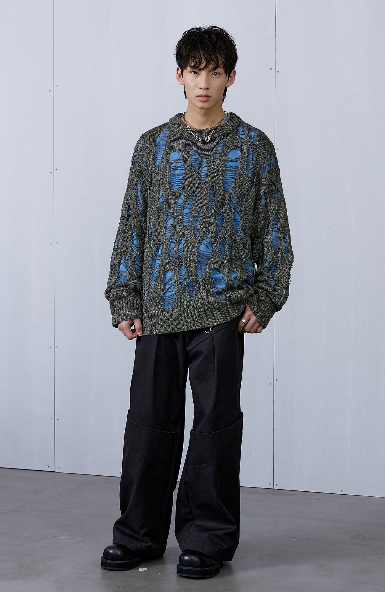 ROARINGWILD A ARCH Distressed Hollowed-Knit Sweater