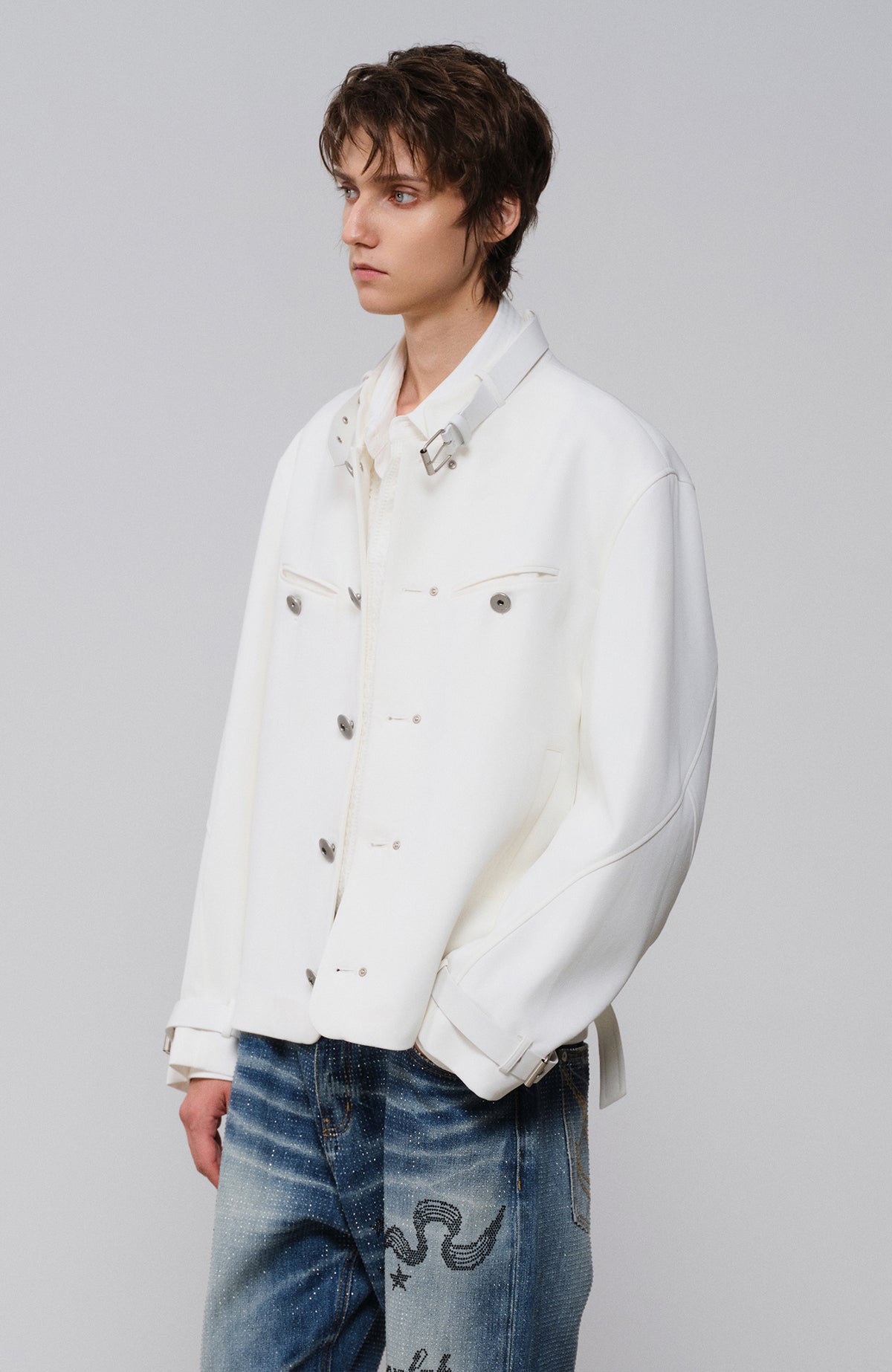 FACEONLAB Leather-Collar Medal Embellished Jacket
