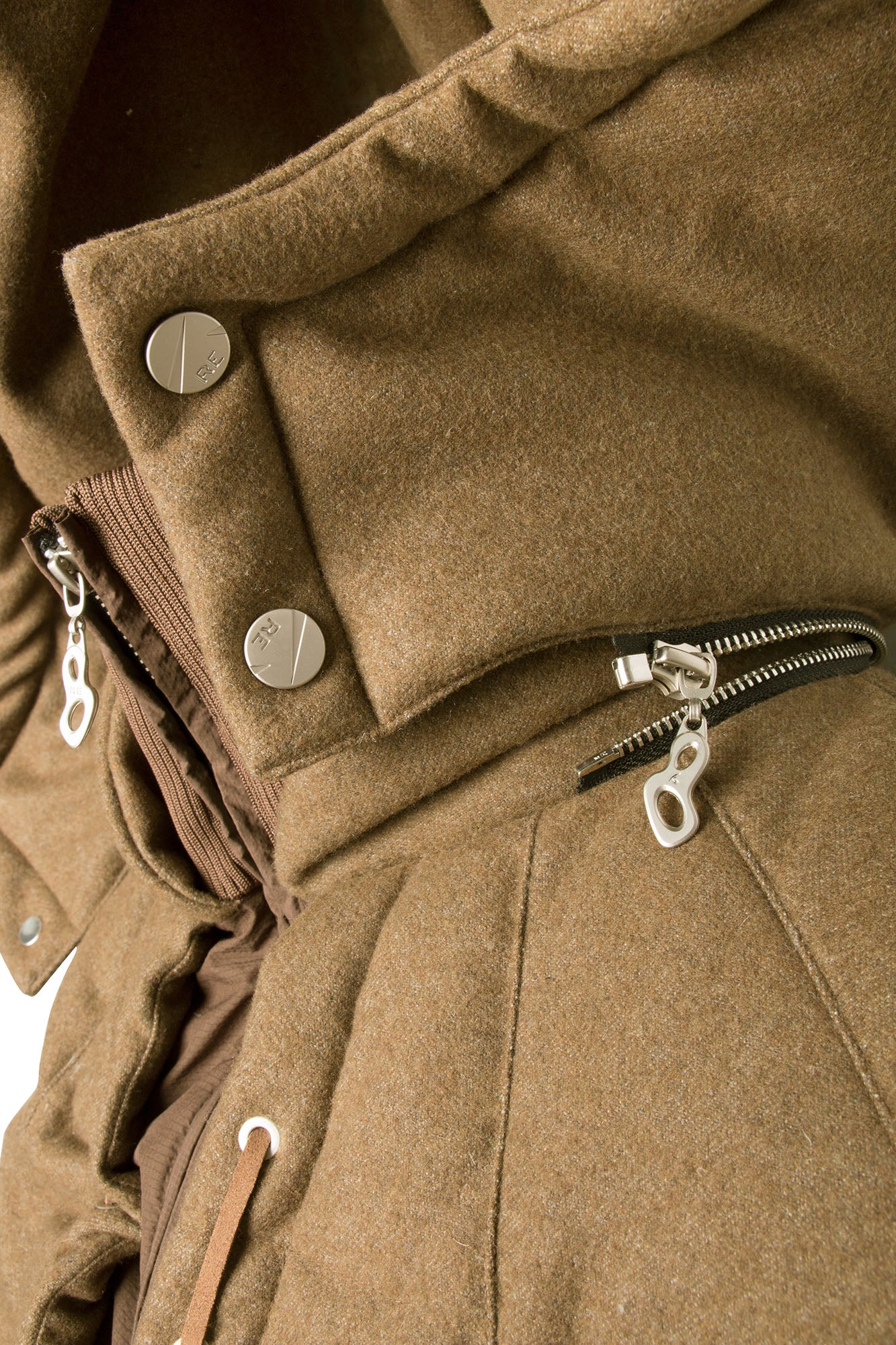 RELABEL Layered Detachable Hood Wool-Blend Puffer Jacket Brown