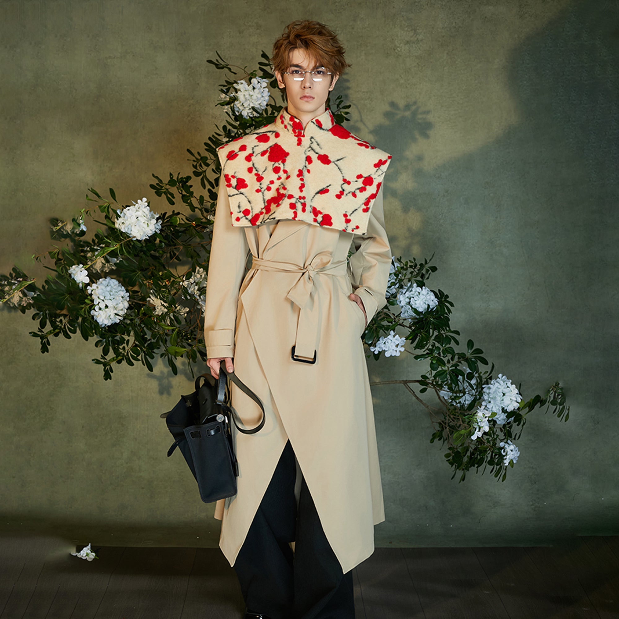 JIECHI Detachable Jacquard Cape Belted Coat