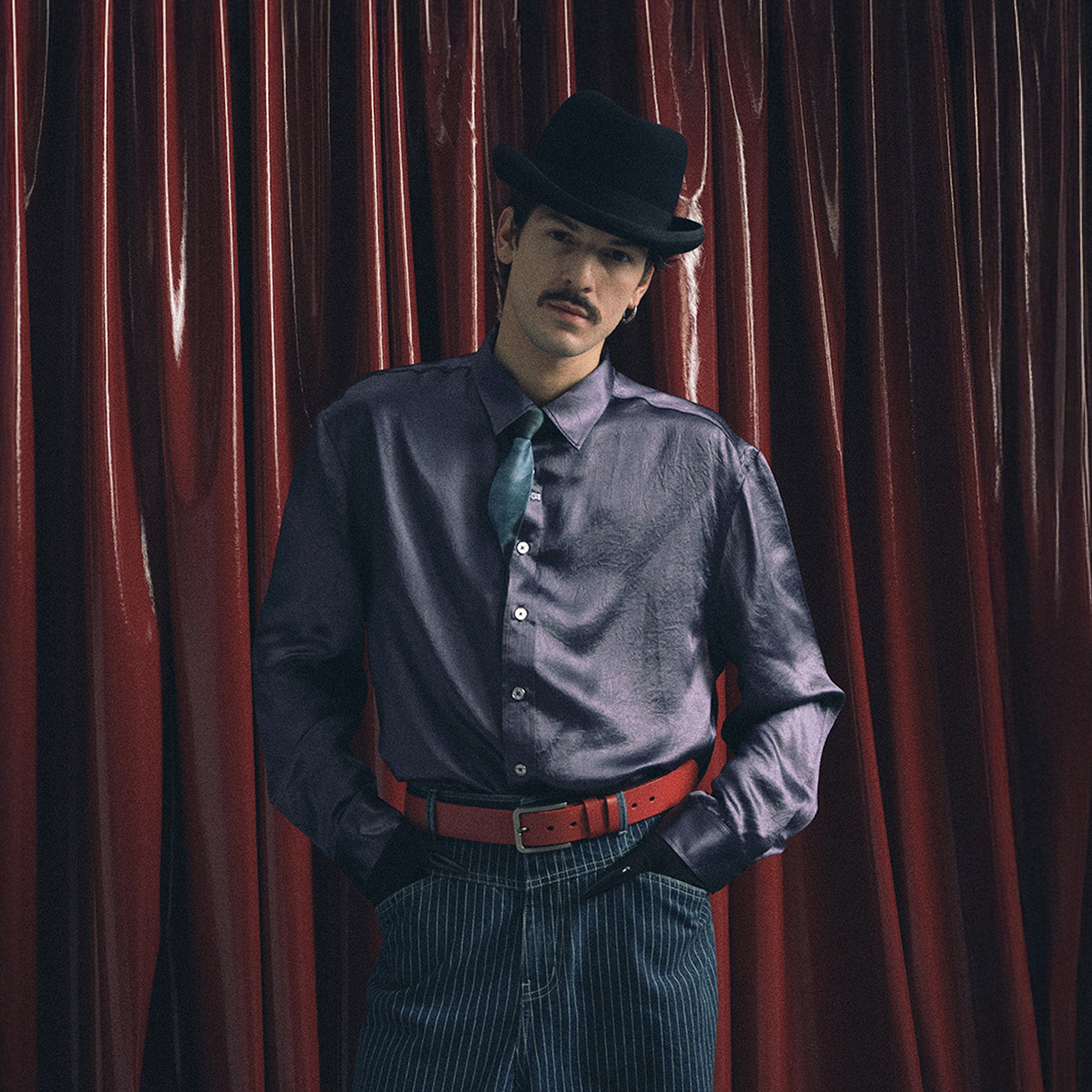 TRECLUB Glossy Embroidered-Placket Drapey Shirt