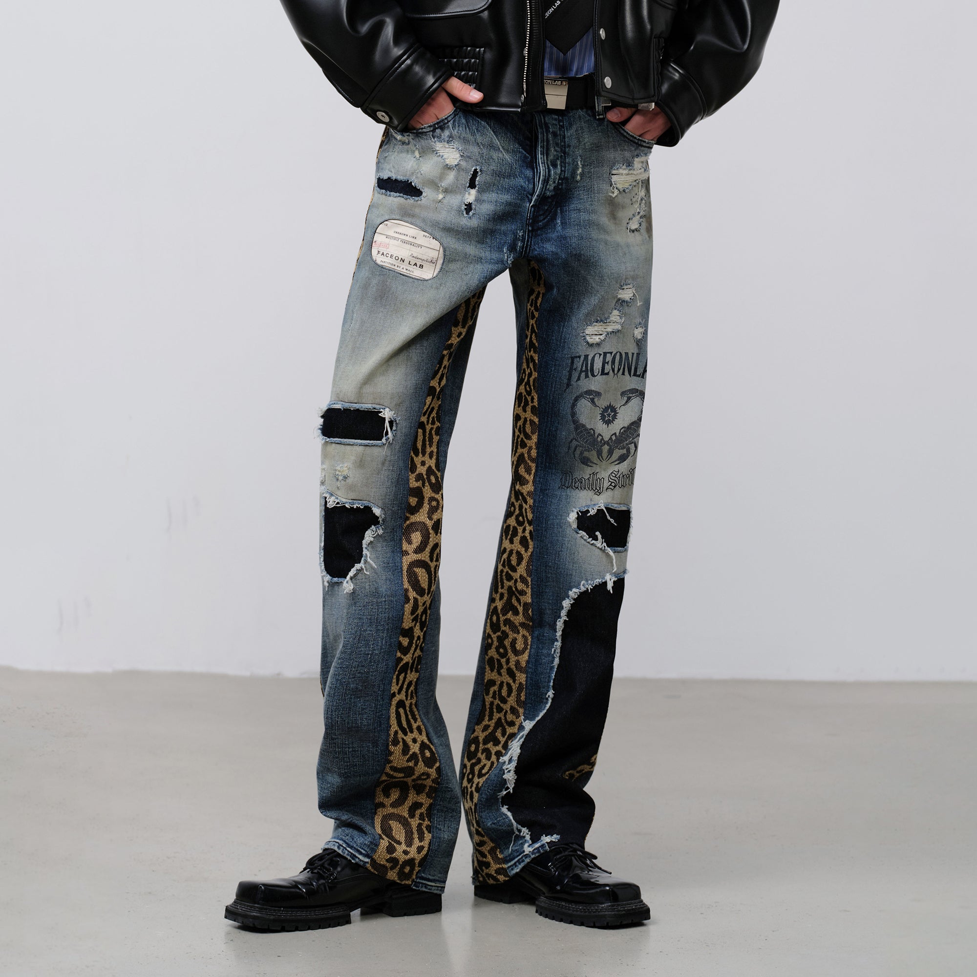 FACEONLAB Leopard Panel Distressed Straight-Leg Jeans