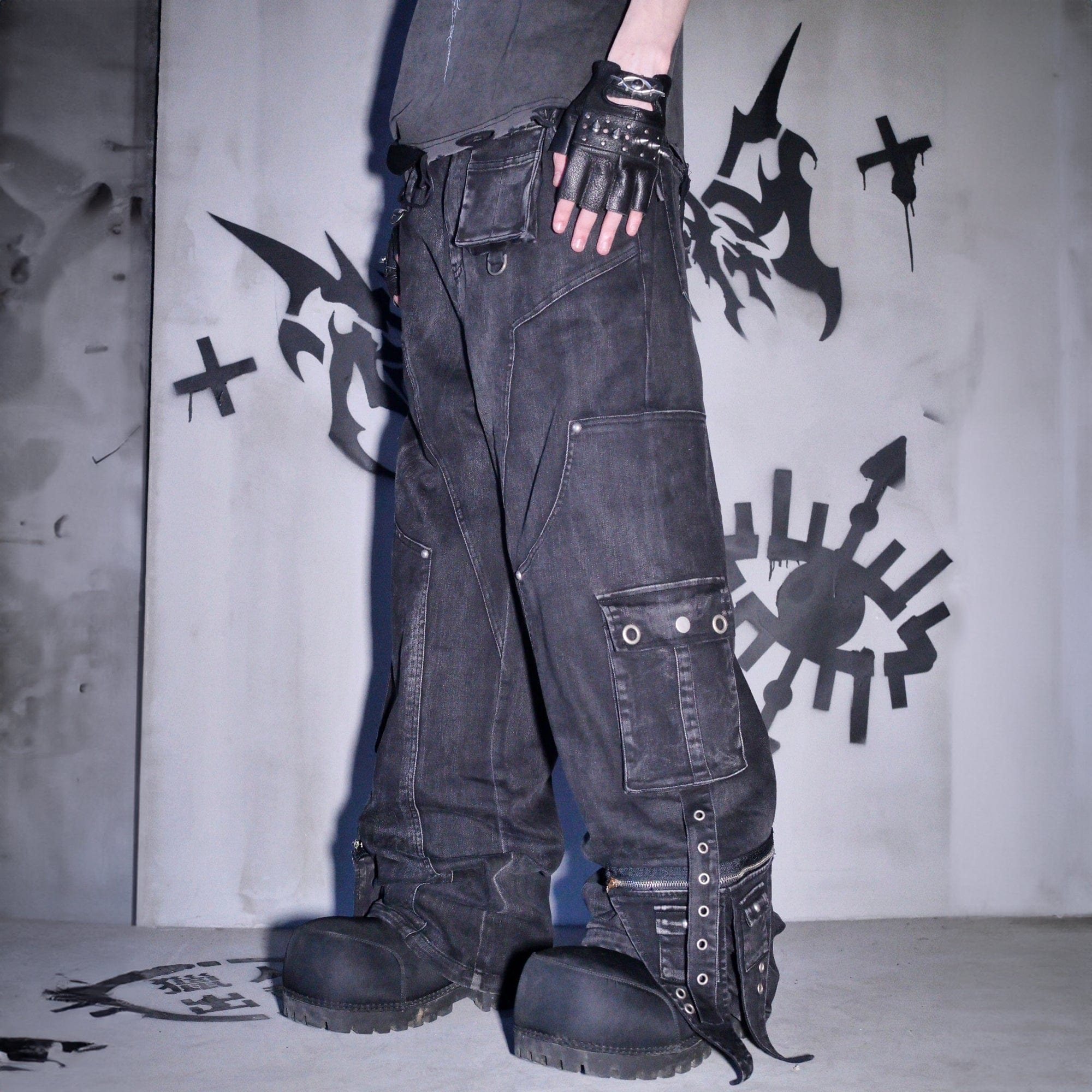 PHANTOMHUNTER Distressed Strap Paneled Wide-Leg Denim Cargo