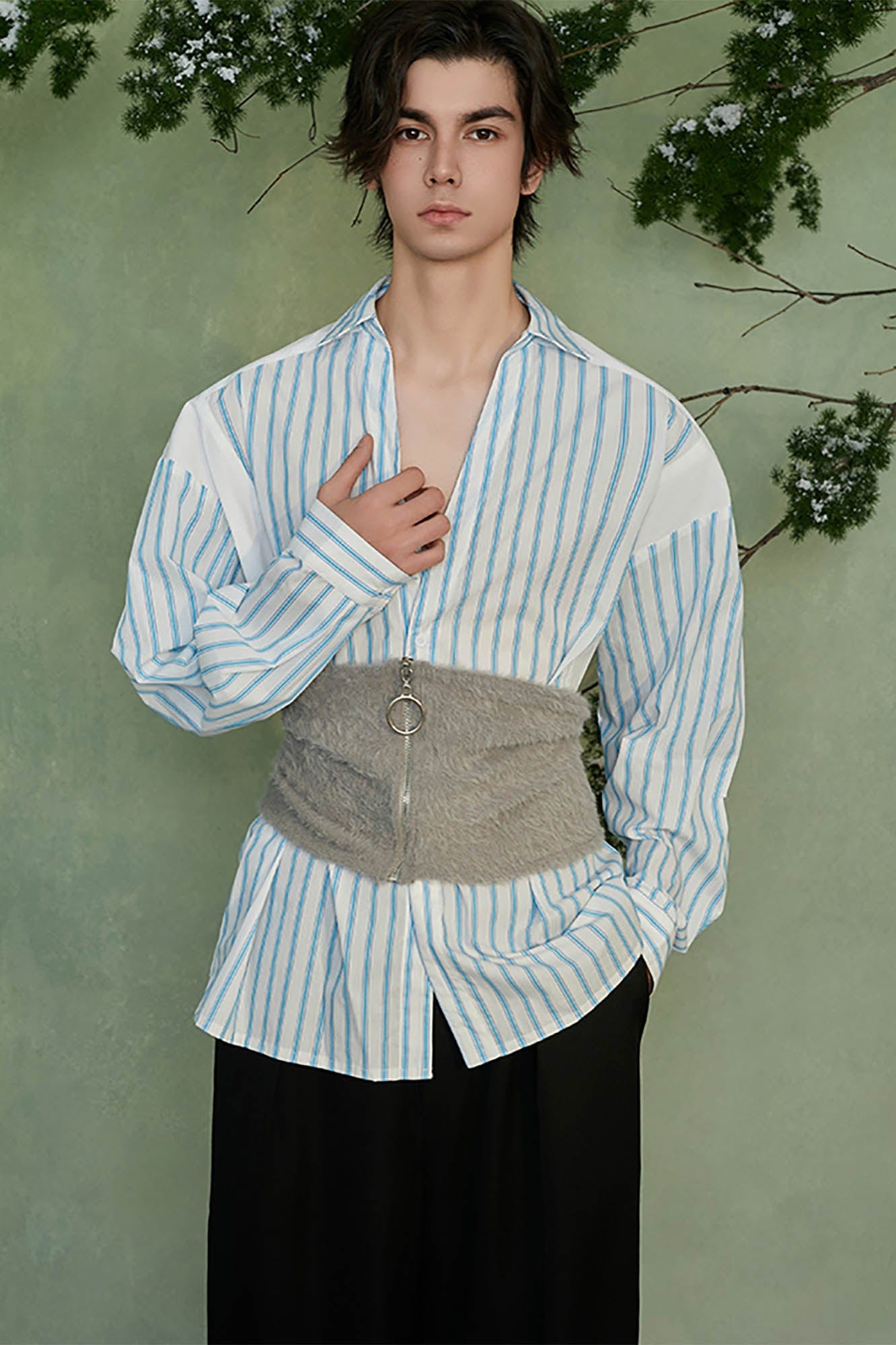 JIECHI Striped Faux-Fur Corset Shirt, premium urban and streetwear designers apparel on PROJECTISR.com, JIECHI