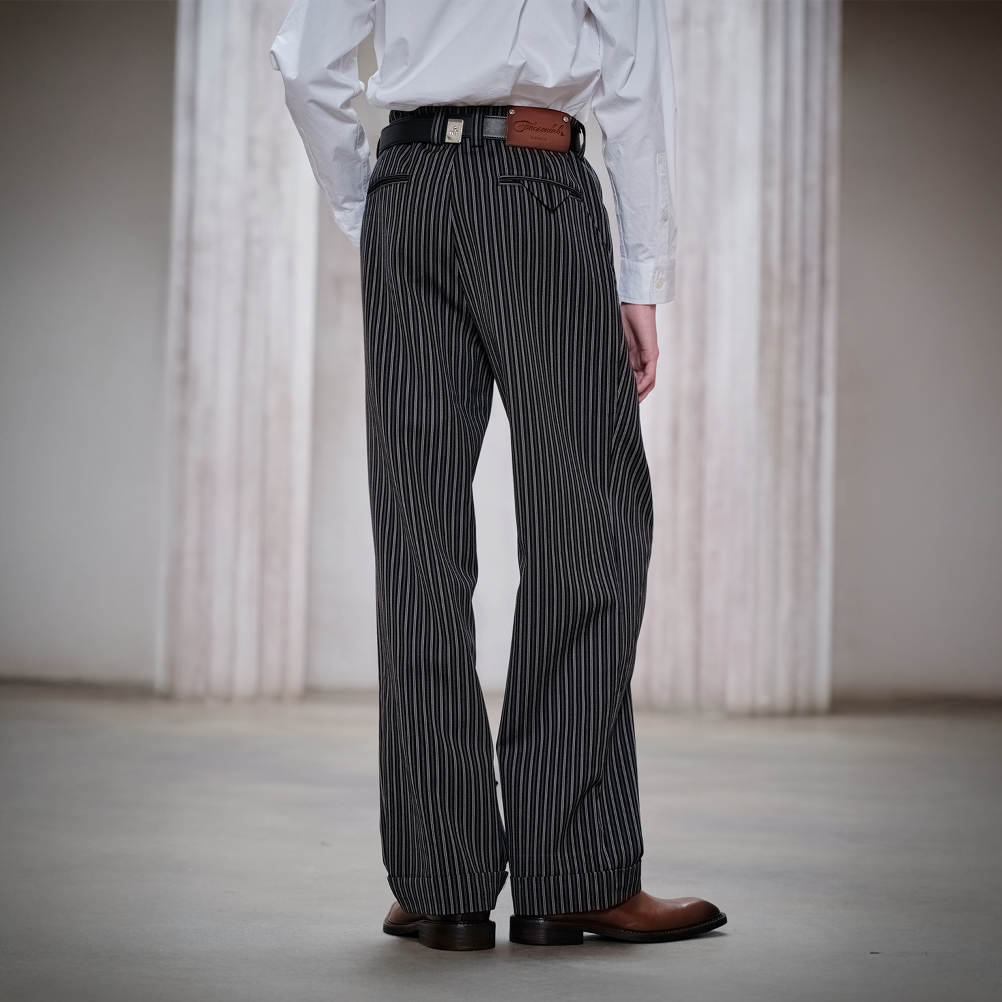 FACEONLAB Classic Striped Wool Pleated Tailored Trousers