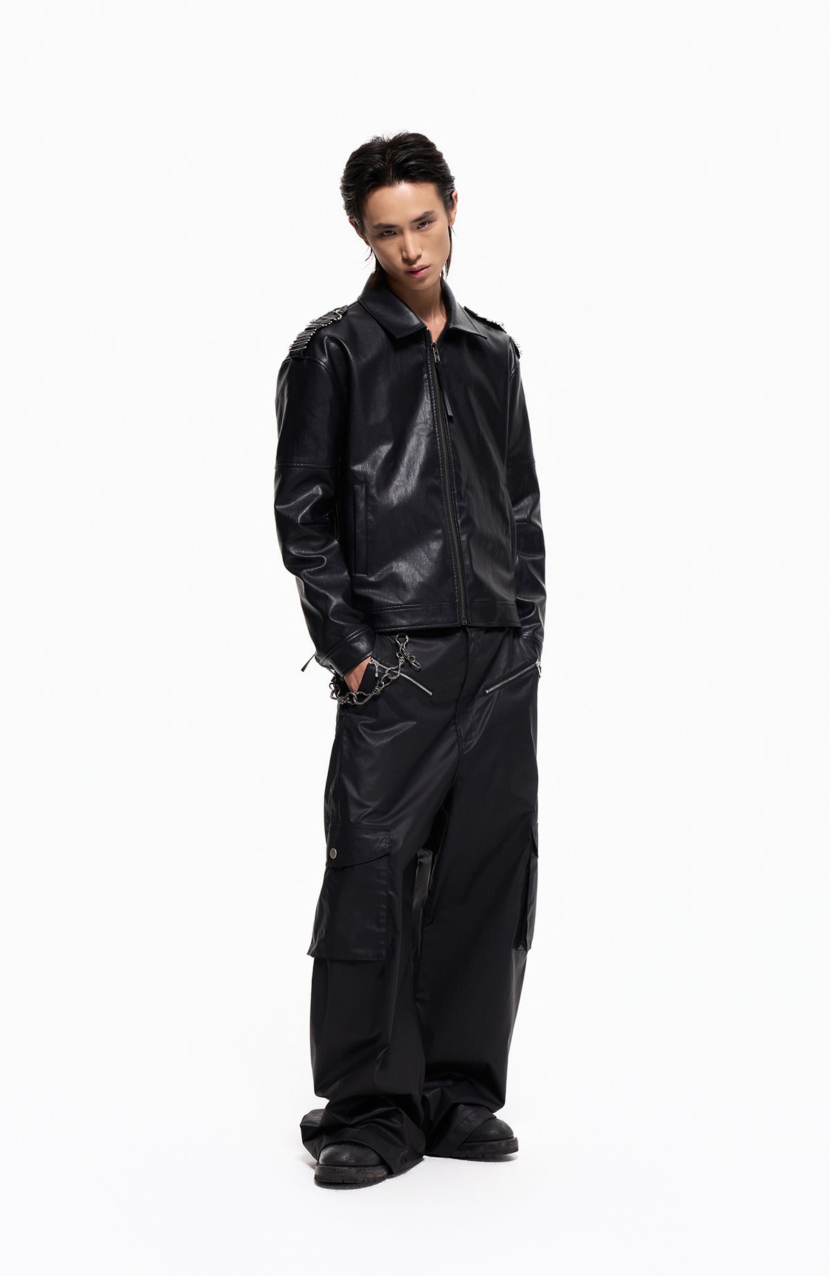 2000RSK Pin-Shoulder Faux Leather Biker Jacket