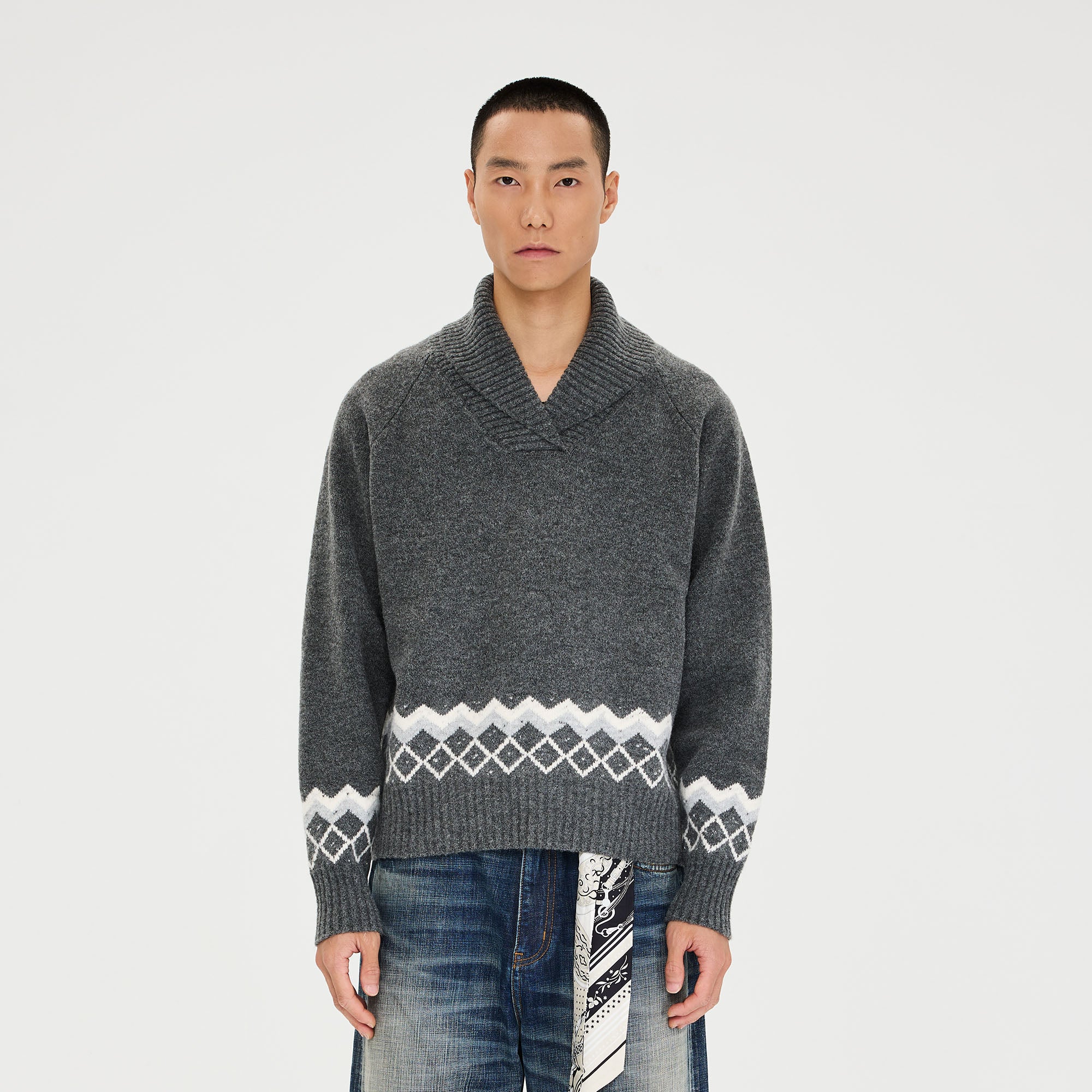 CATSSTAC Nordic Pattern Hem Shawl Collar Sweater, premium urban and streetwear designers apparel on PROJECTISR.com, CATSSTAC