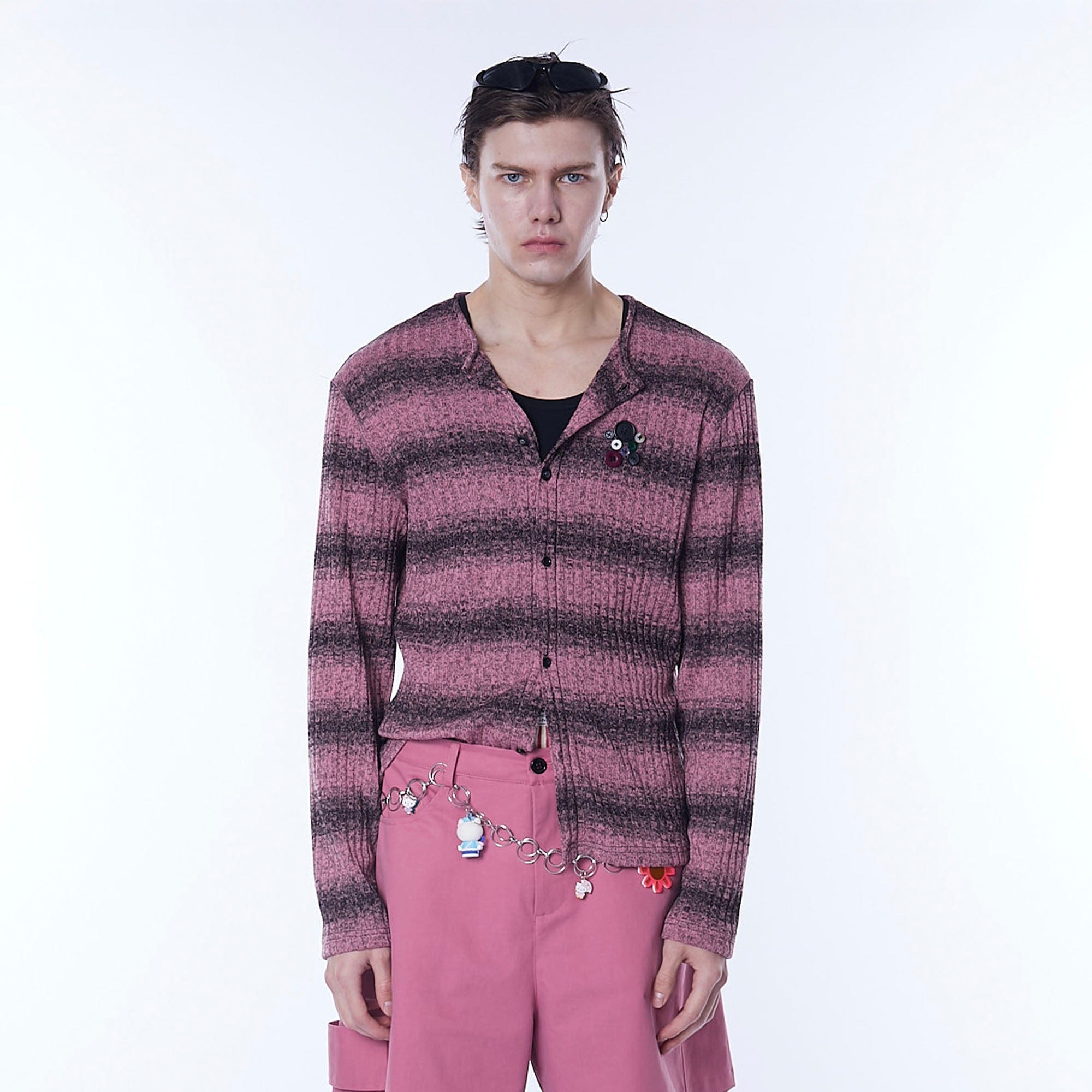 ASSEEN Horizontal Gradient Stripe Button Cardigan Pink, premium urban and streetwear designers apparel on PROJECTISR.com, ASSEEN