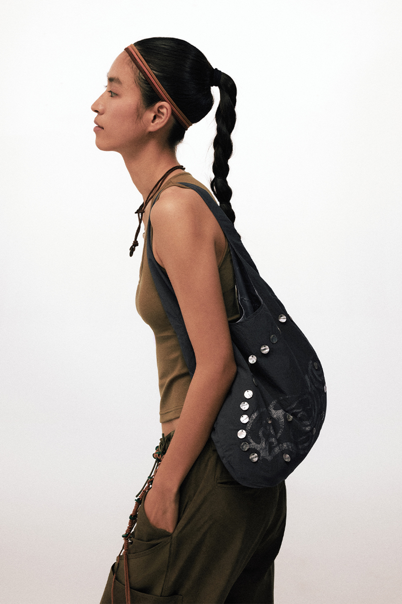 CONPCONP Tai Chi Disc-Embellished Canvas Shoulder Bag