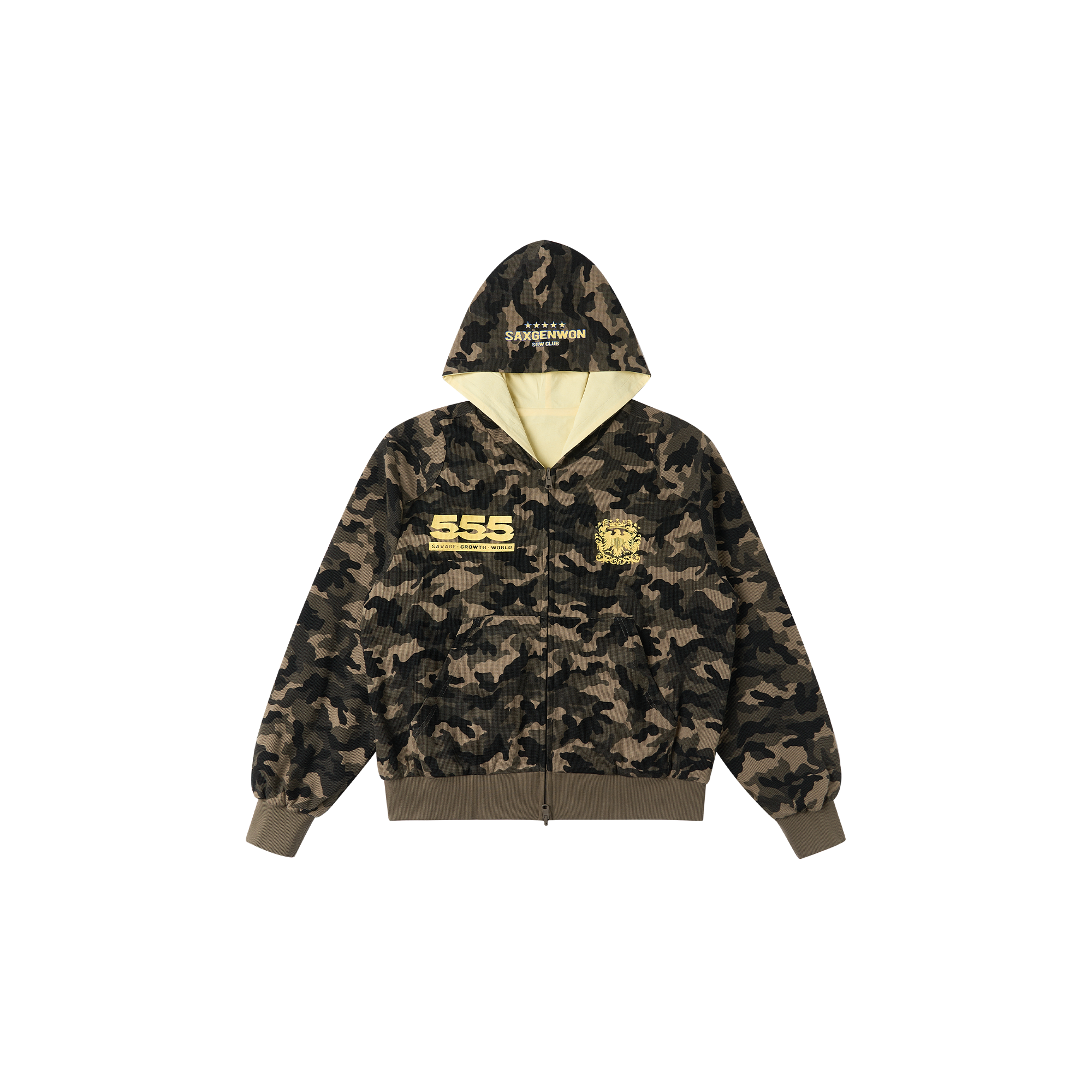 SAVAGEGROWTHWORLD Reversible Camo Waffle Hooded Jacket, premium urban and streetwear designers apparel on PROJECTISR.com, SAVAGEGROWTHWORLD