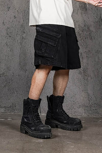 UNDERWATER Layered-Pocket Distressed Denim Shorts