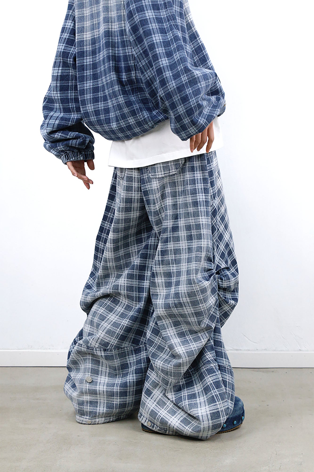 RELABEL Washed Plaid Paneled Oversized Jeans, premium urban and streetwear designers apparel on PROJECTISR.com, RELABEL