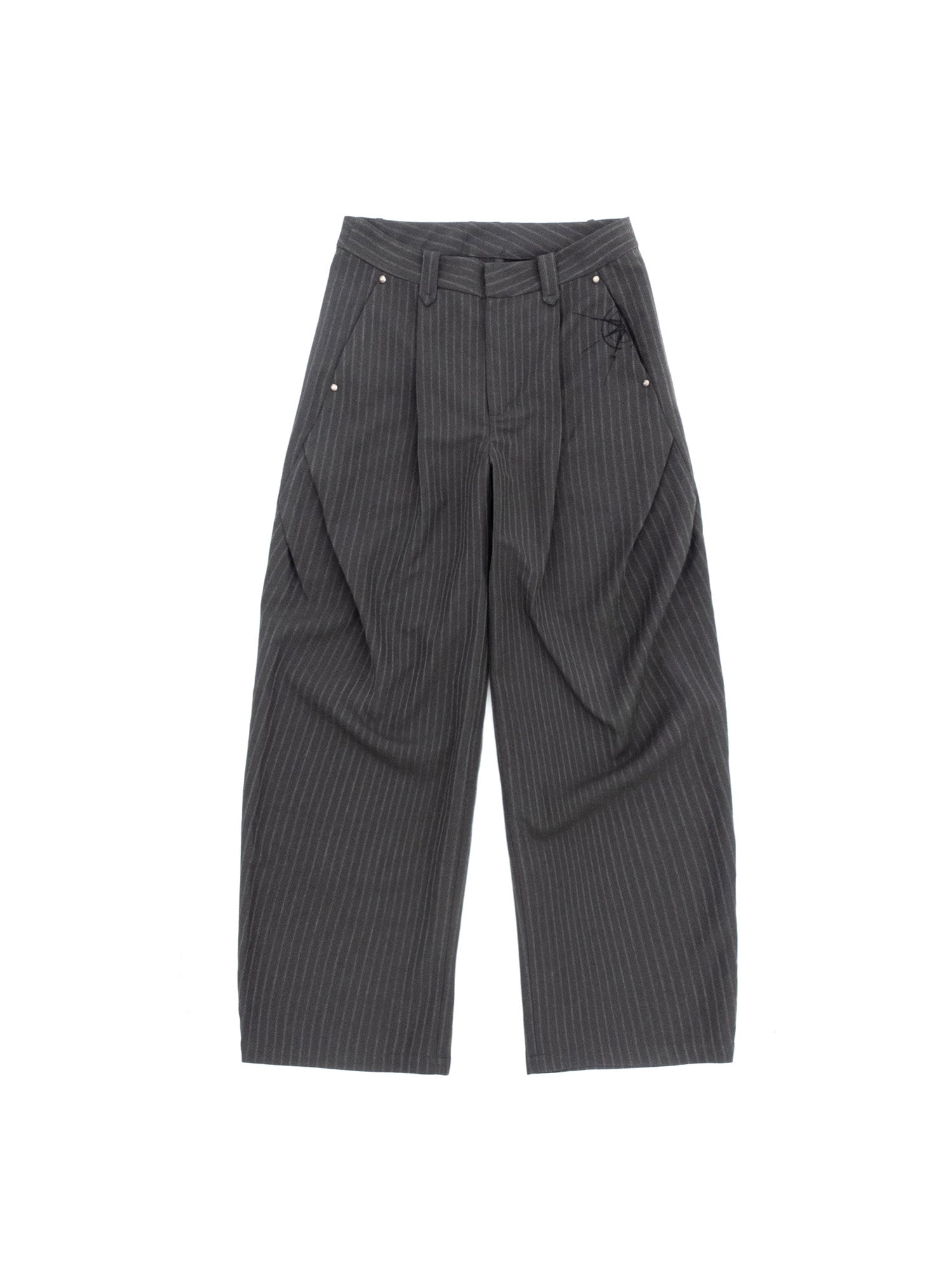 IN EXISTENCE Stripe Pleated Embroidery Curved Pants