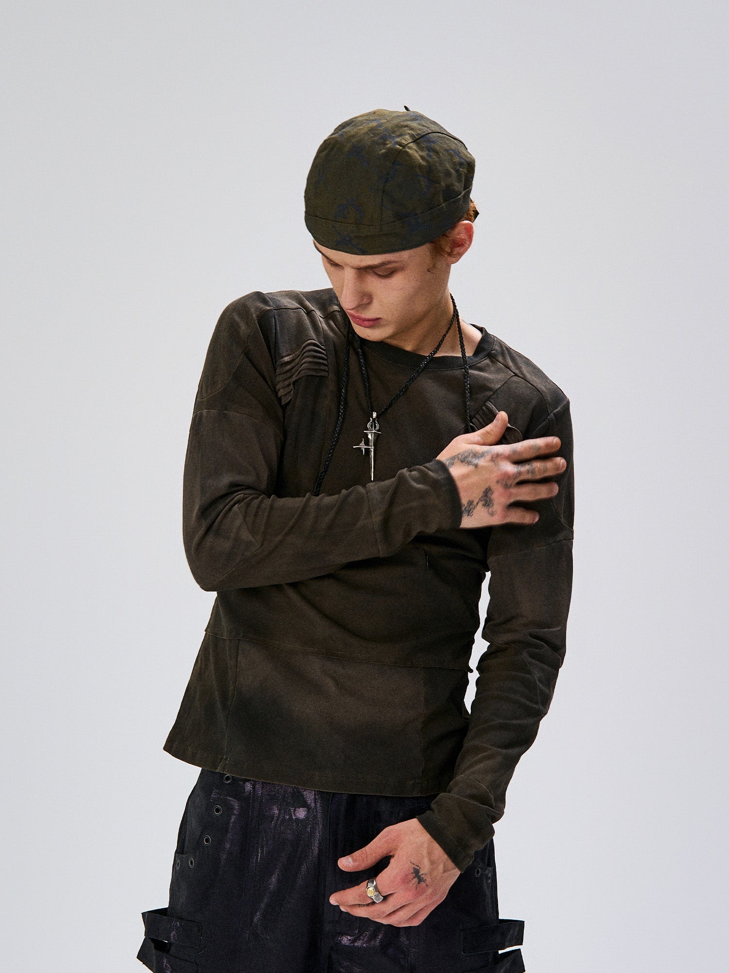 FLYERRER Washed Panelled Slim-Fit Long-Sleeve Tee, premium urban and streetwear designers apparel on PROJECTISR.com, FLYERRER