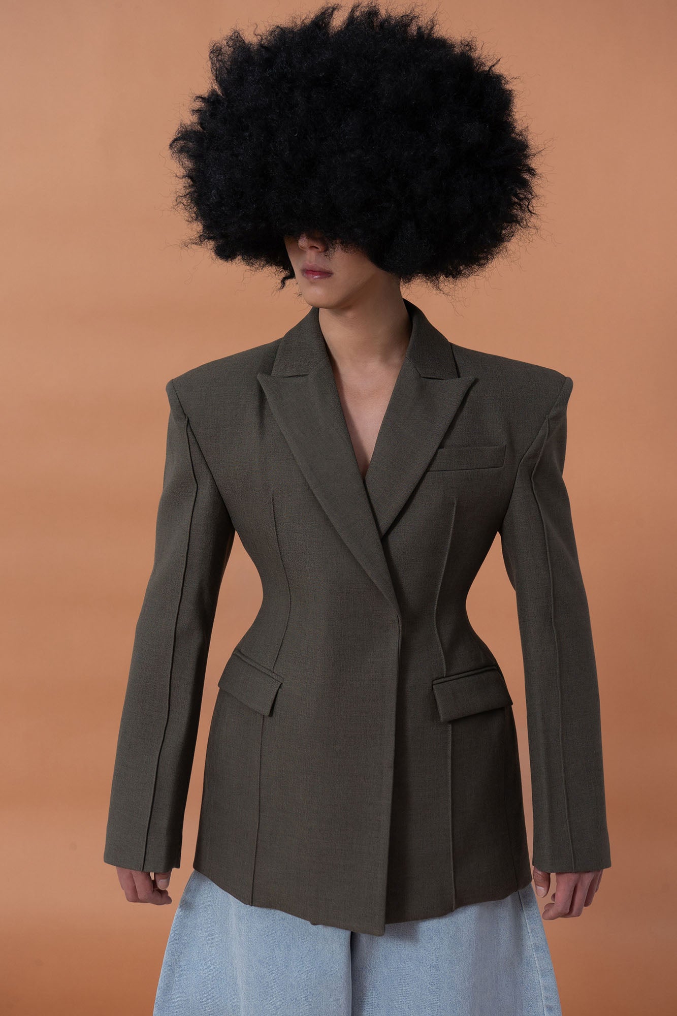 CLP Cinched-Waist Padded Shoulder Blazer Brown, premium urban and streetwear designers apparel on PROJECTISR.com, CLP