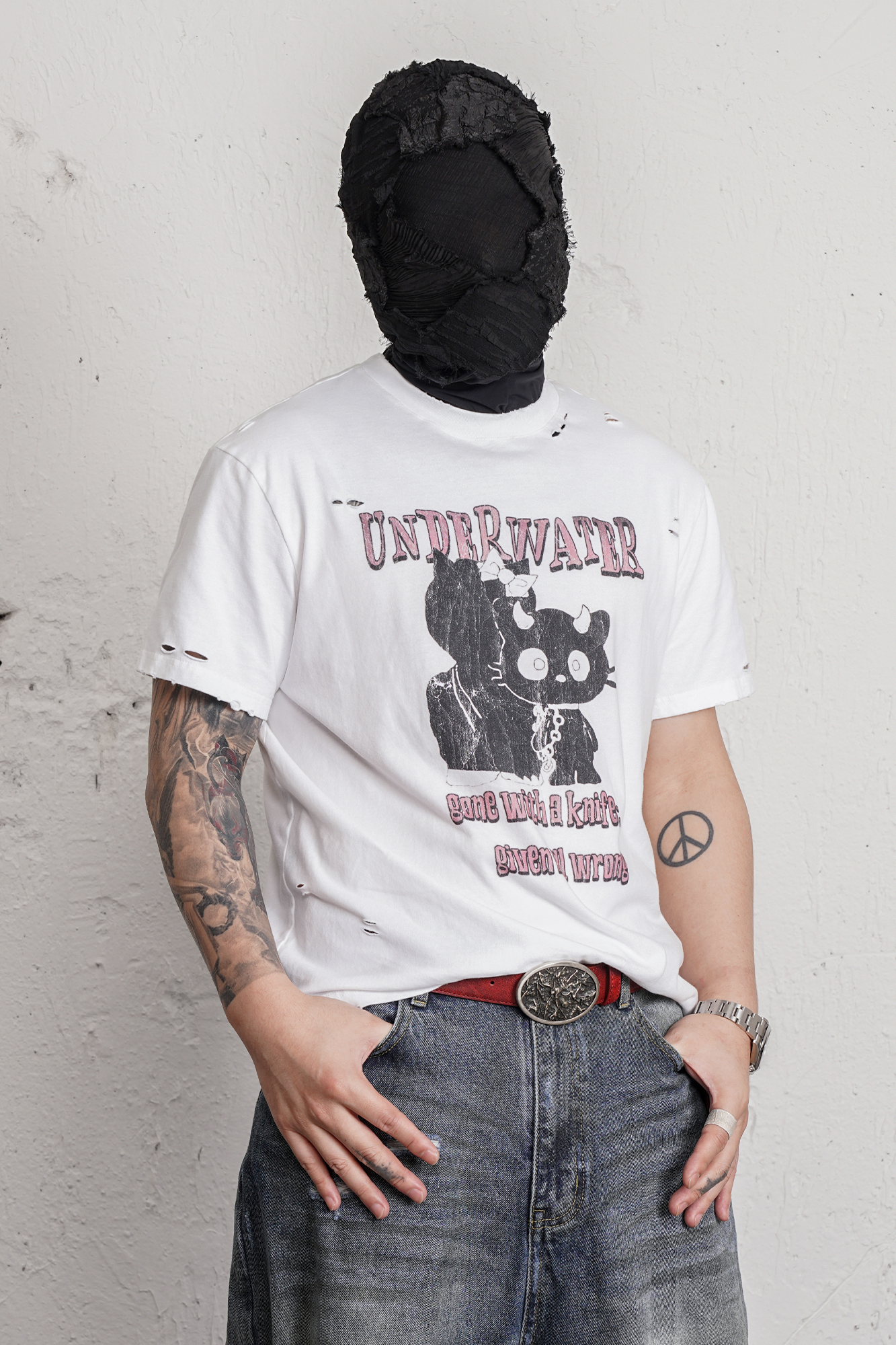 UNDERWATER Distressed Black Cat Graphic T-Shirt, premium urban and streetwear designers apparel on PROJECTISR.com, UNDERWATER